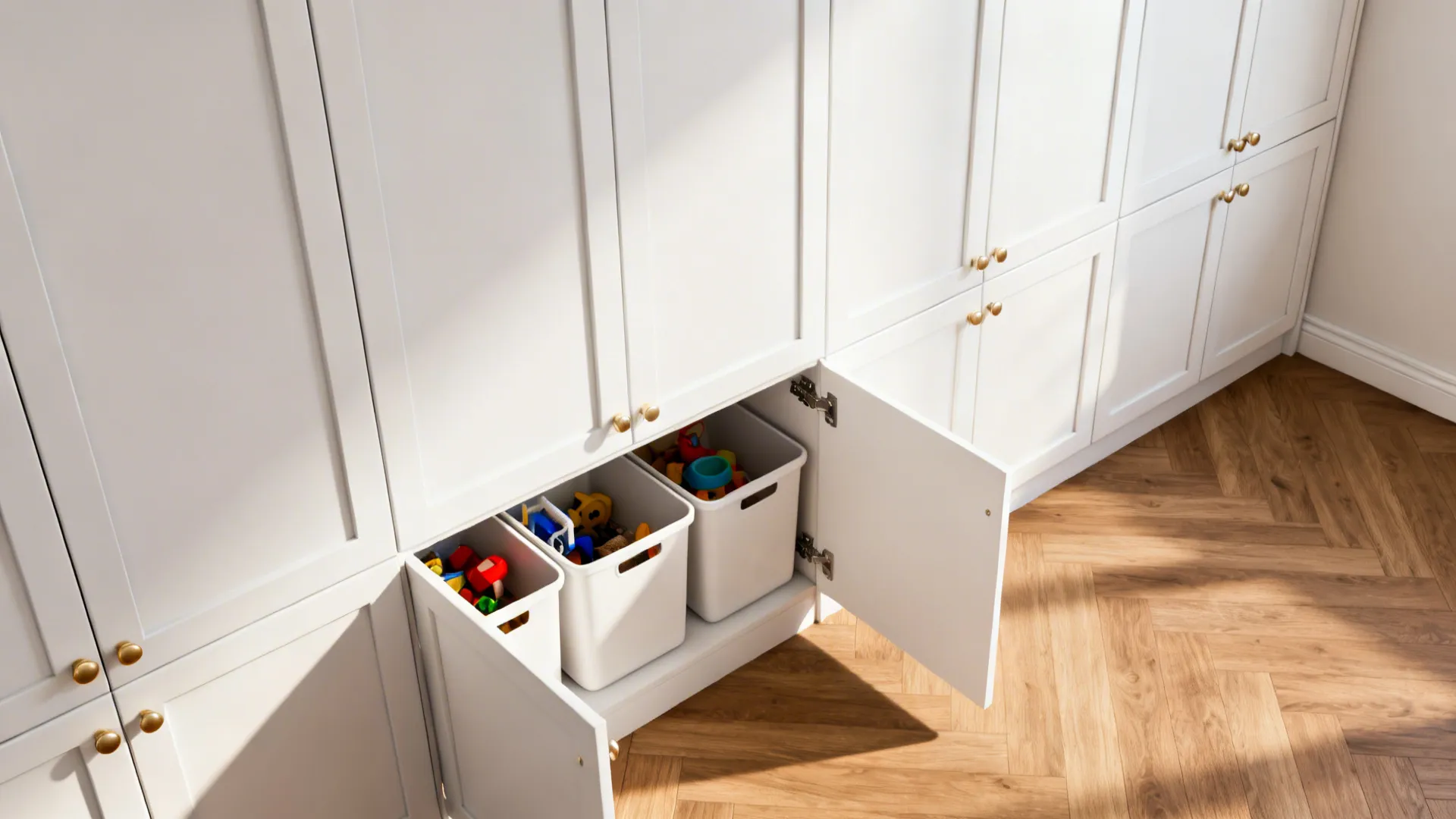 5. Functional Glam: Hidden Storage with Gold Pulls