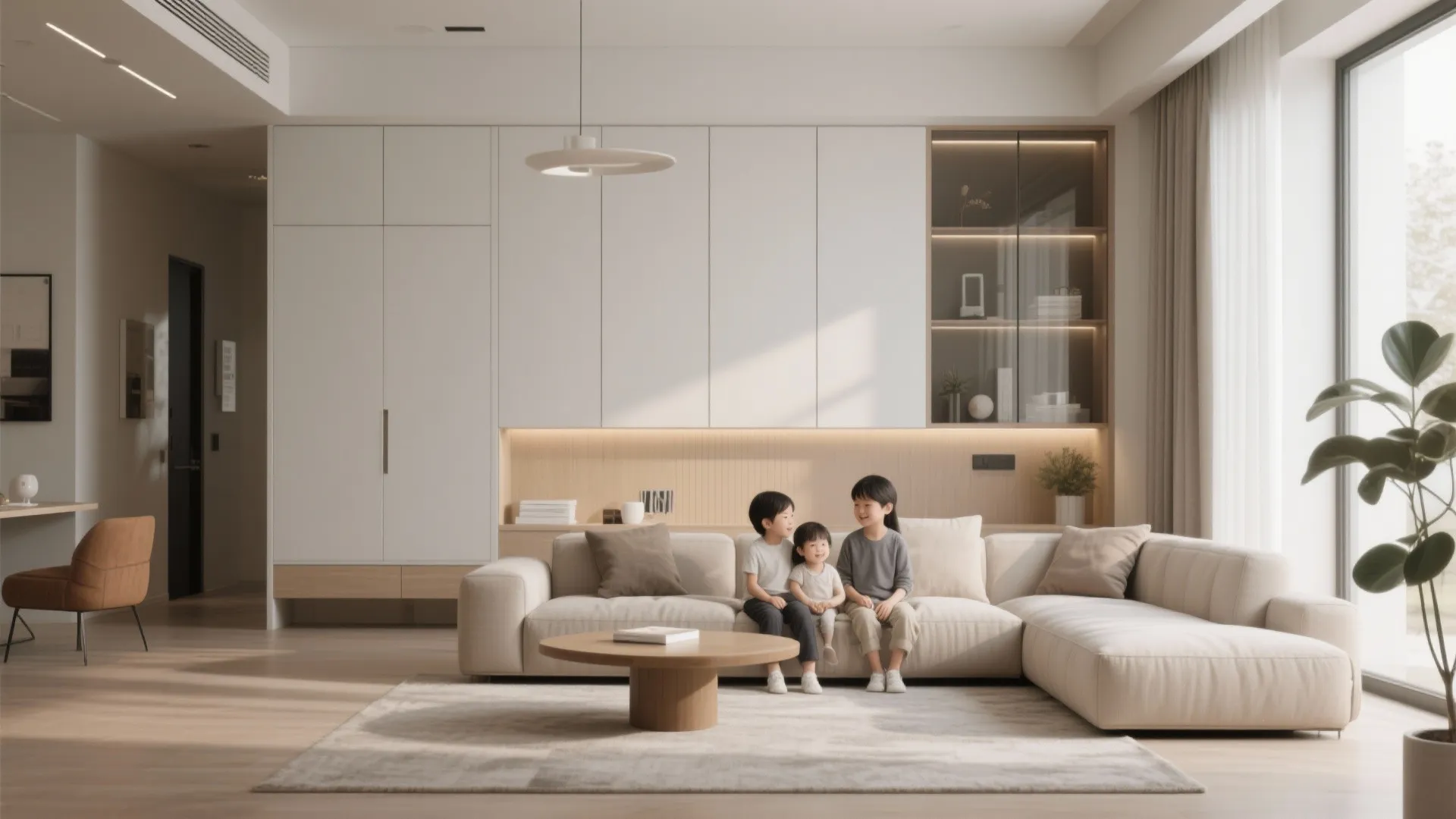 Bright living room with white cabinets cream sofa round coffee table and kids sitting together