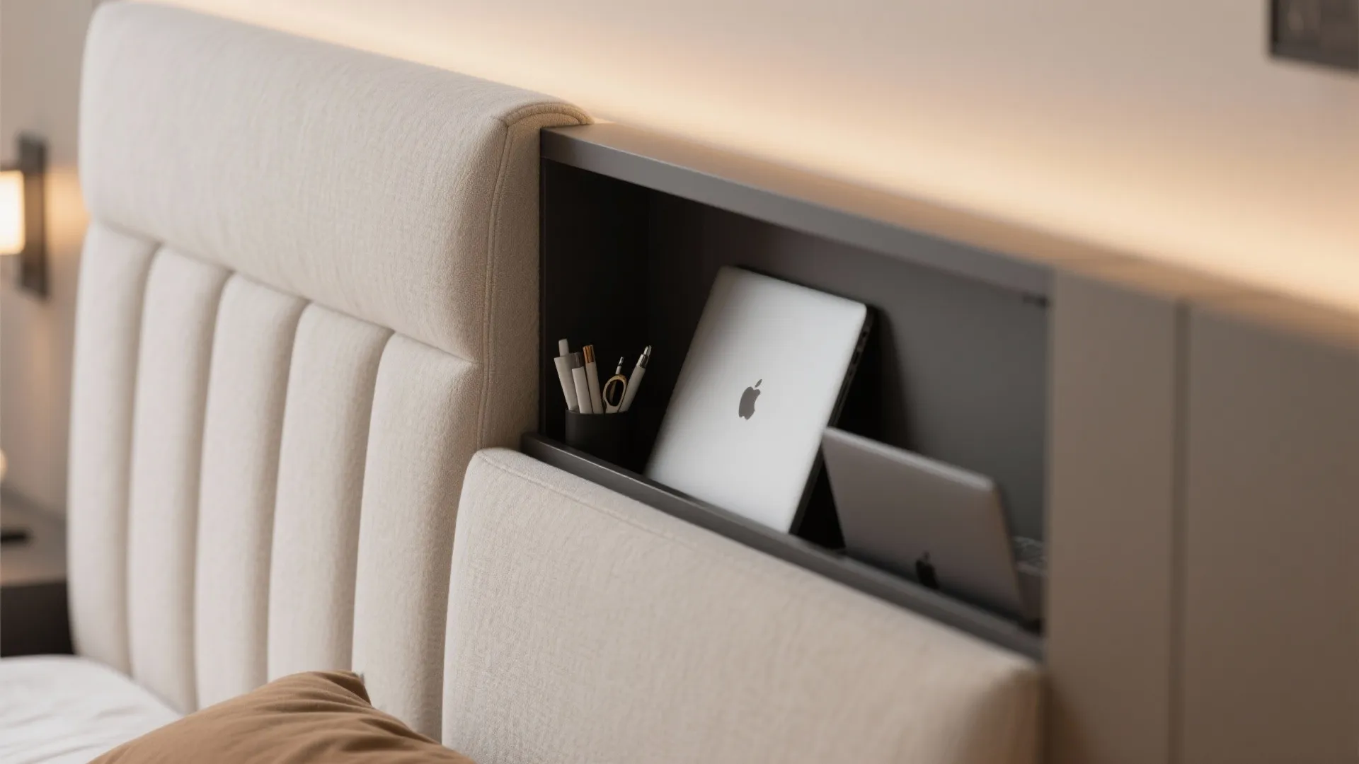 Headboard with hidden laptop and stationery storage