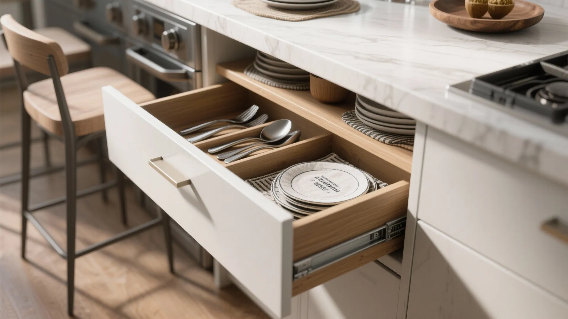 Modern kitchen island with open white drawer storing metal forks spoons and small white plates