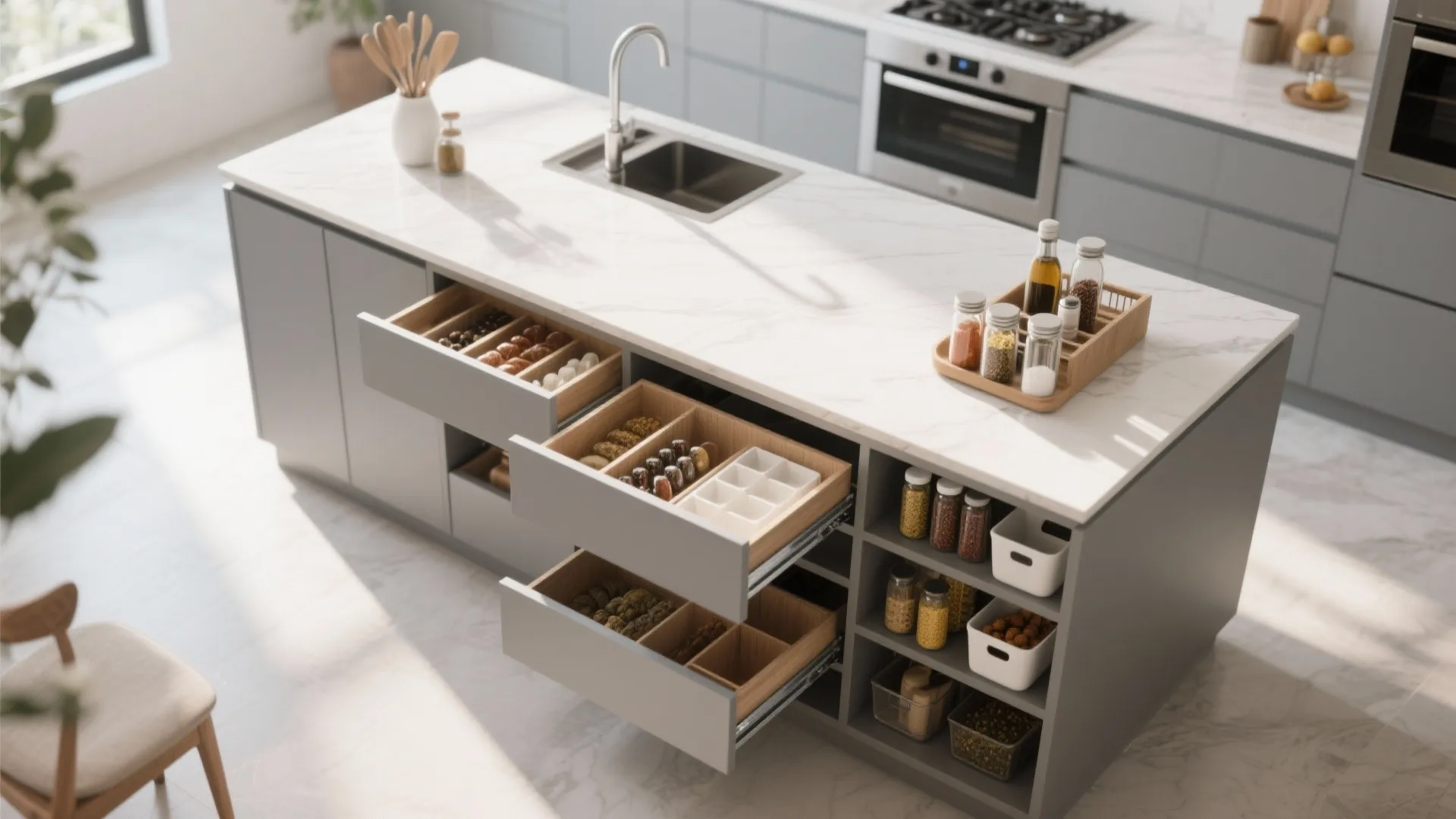 Grey kitchen island with open storage drawers showing organized spice jars and white marble countertop