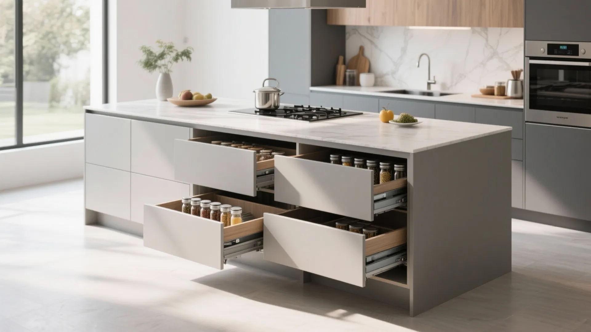 Kitchen island with hidden drawers and storage features