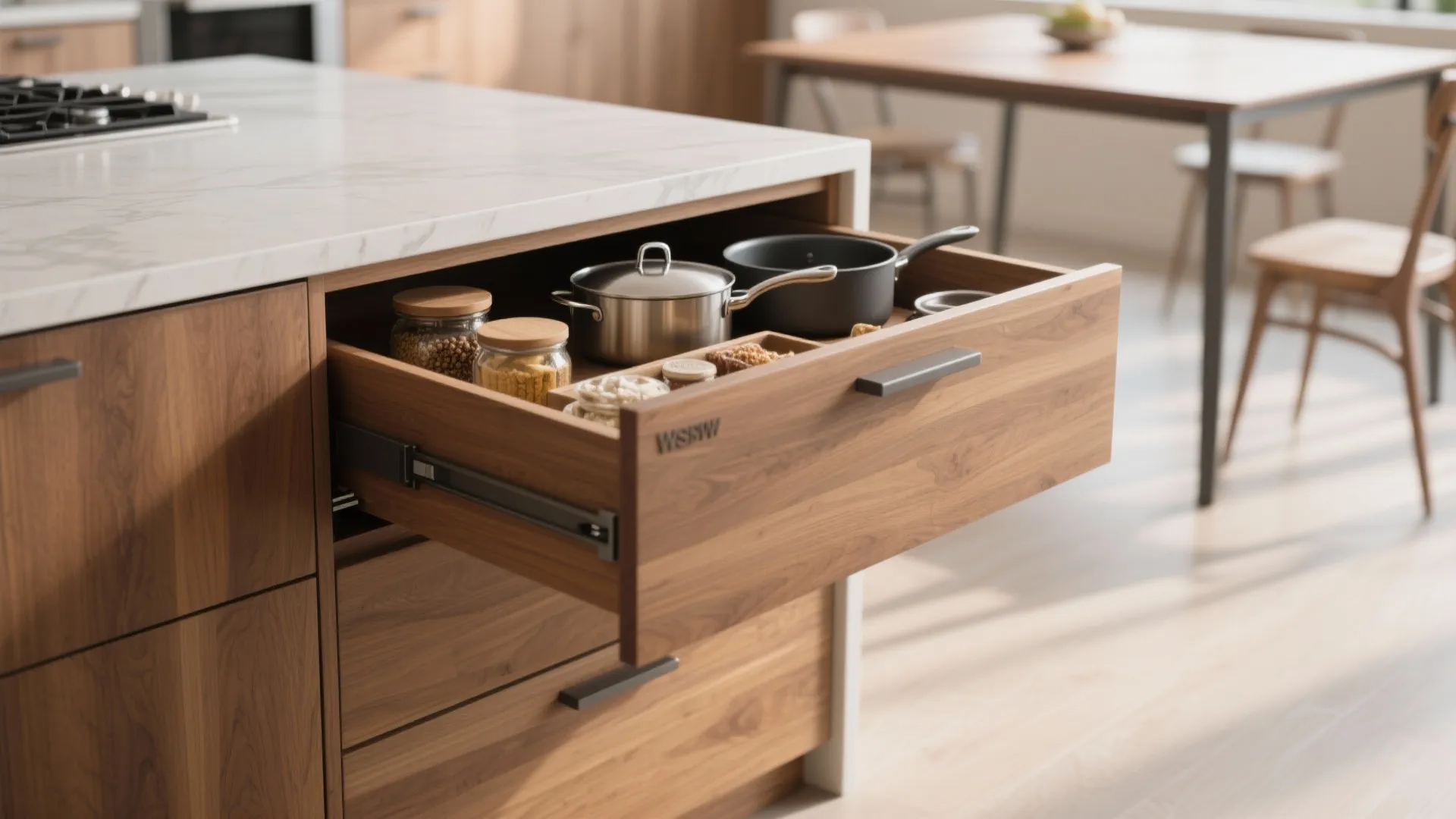 Hidden storage compartments inside a sleek kitchen island