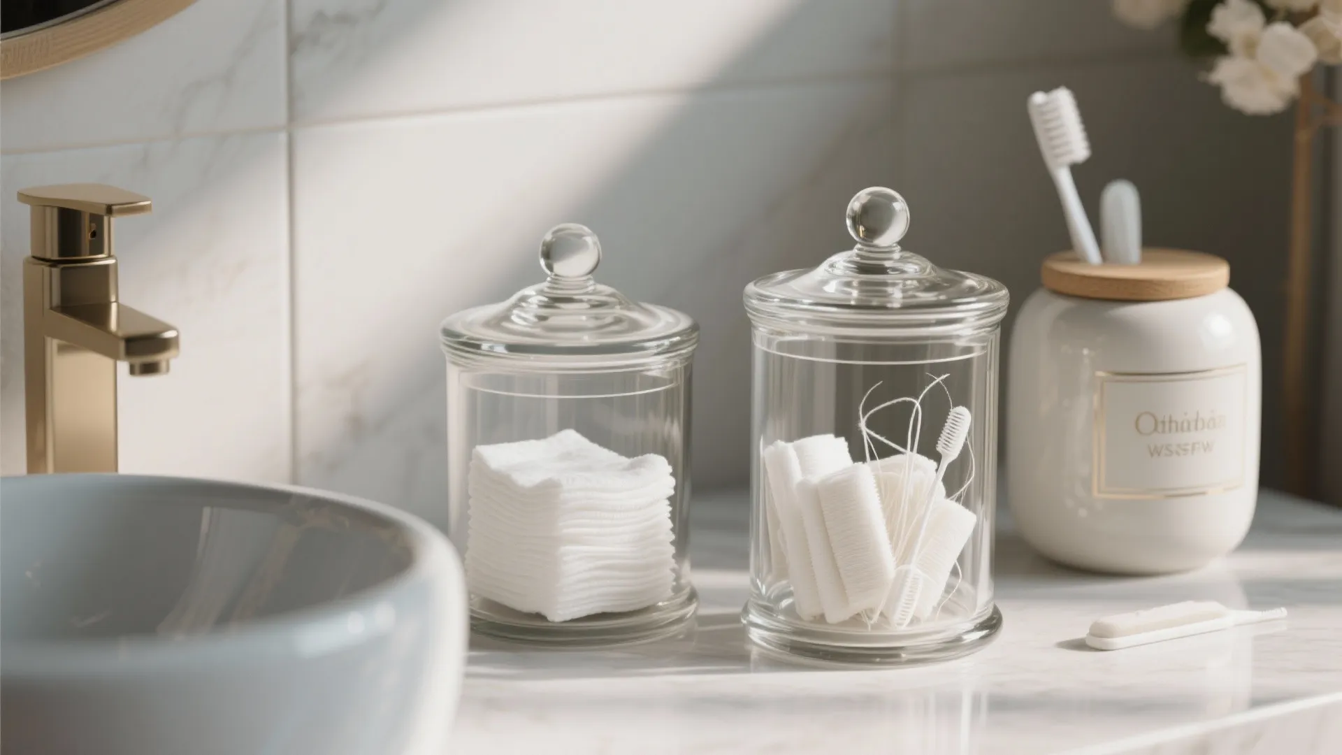 Two glass storage jars with cotton pads and bandages on a white marble bathroom counter