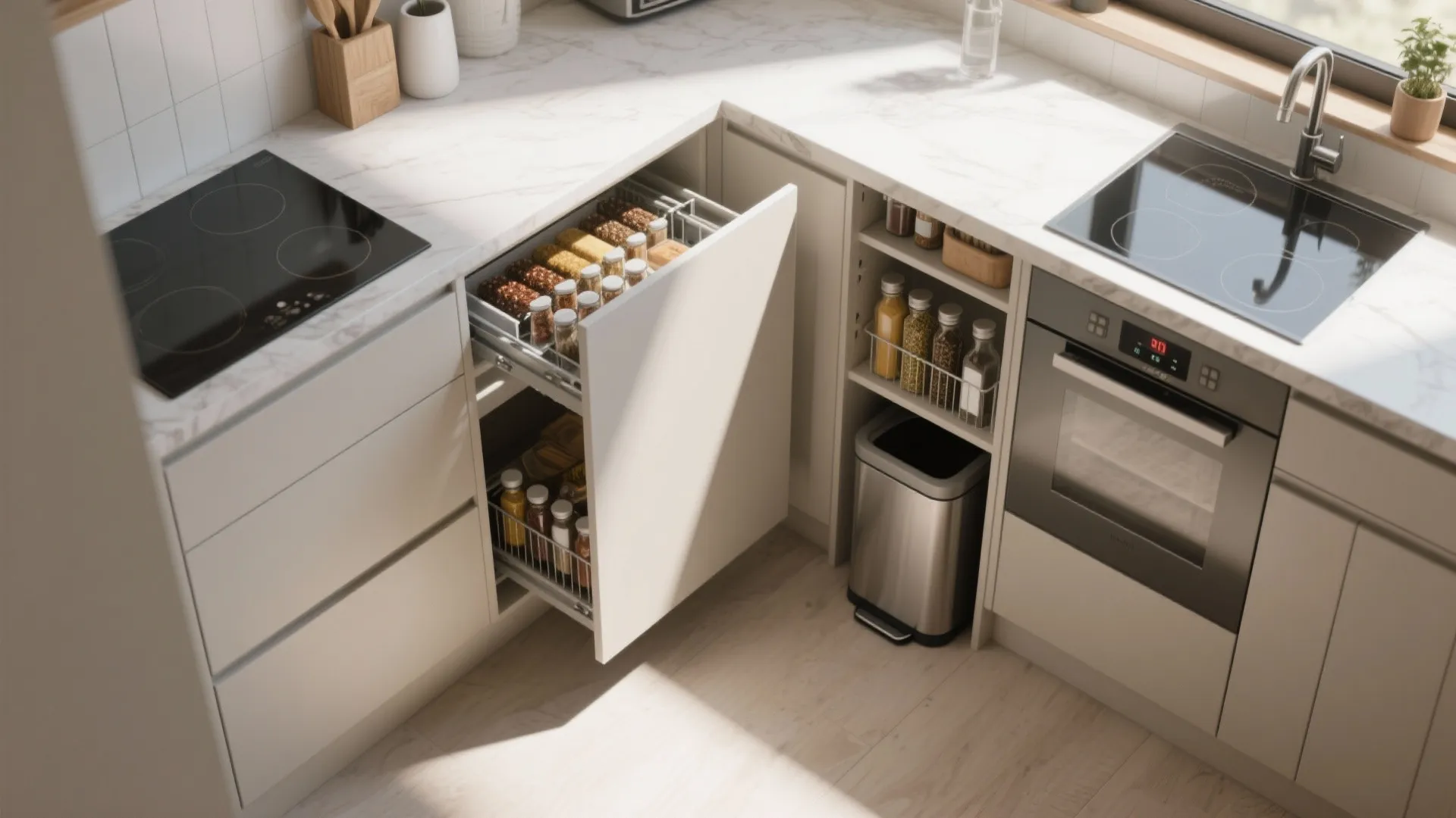 Modern kitchen corner cabinet with pull out storage shelves for spices next to an oven