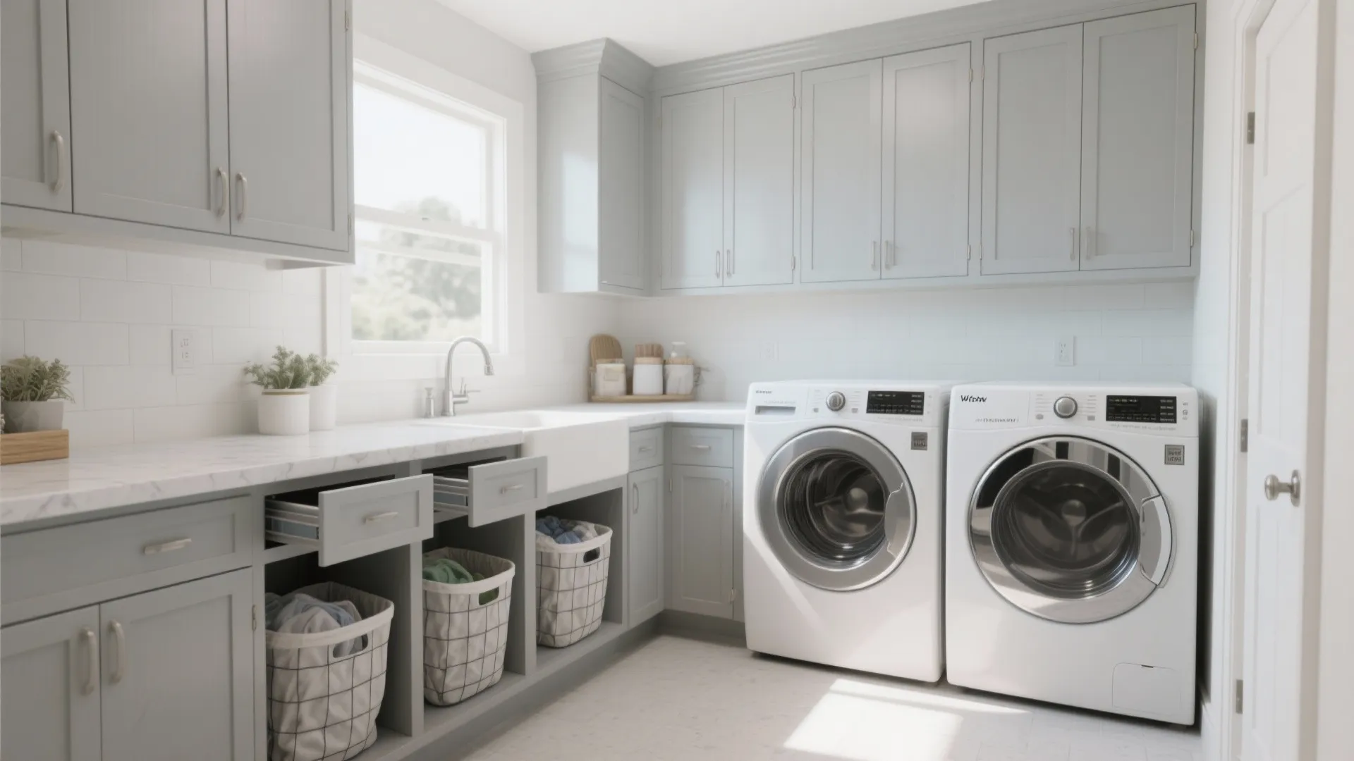Grey laundry room cabinets with white washing machines marble countertop and pull out storage laundry baskets