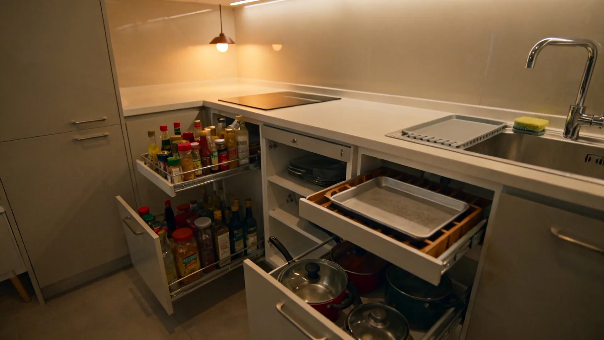Compact kitchen with pull-out pantry, deep drawers, tray dividers, and layered warm lighting.