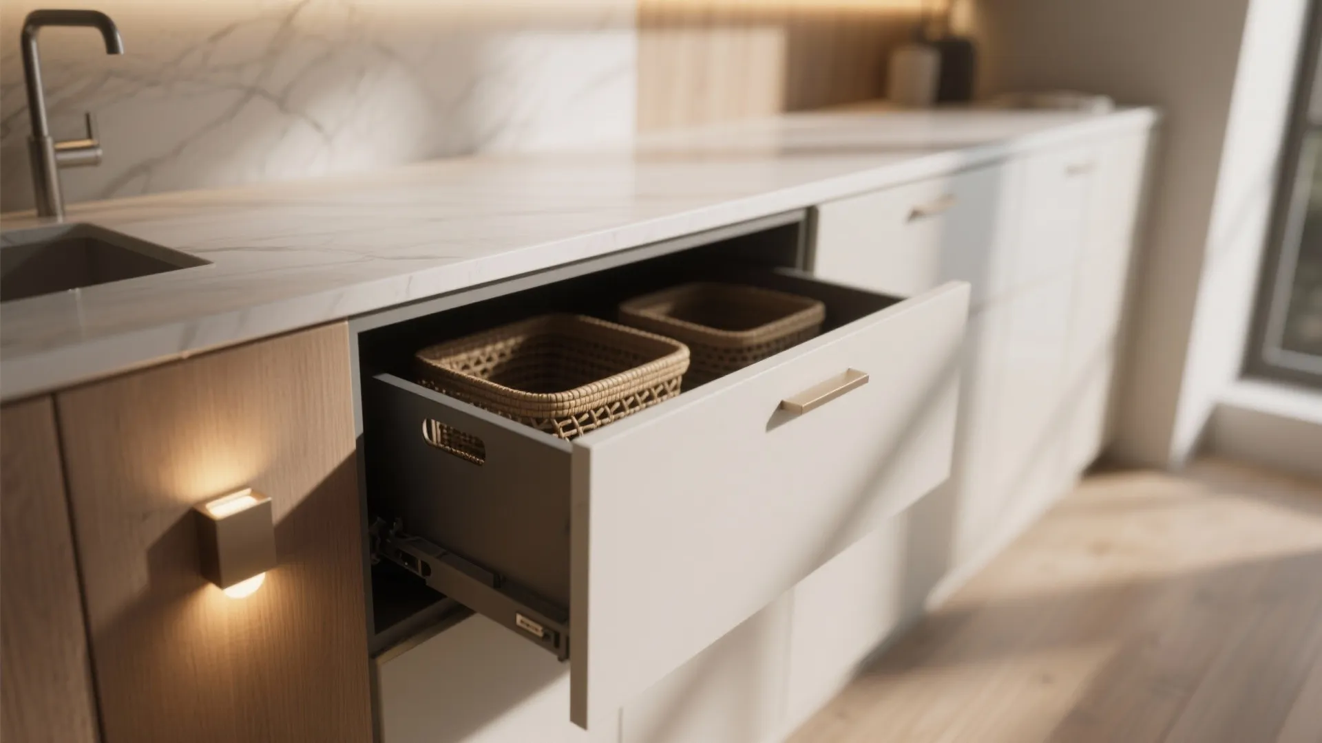 Open kitchen drawer under marble countertop with woven baskets and small wall light on cabinet