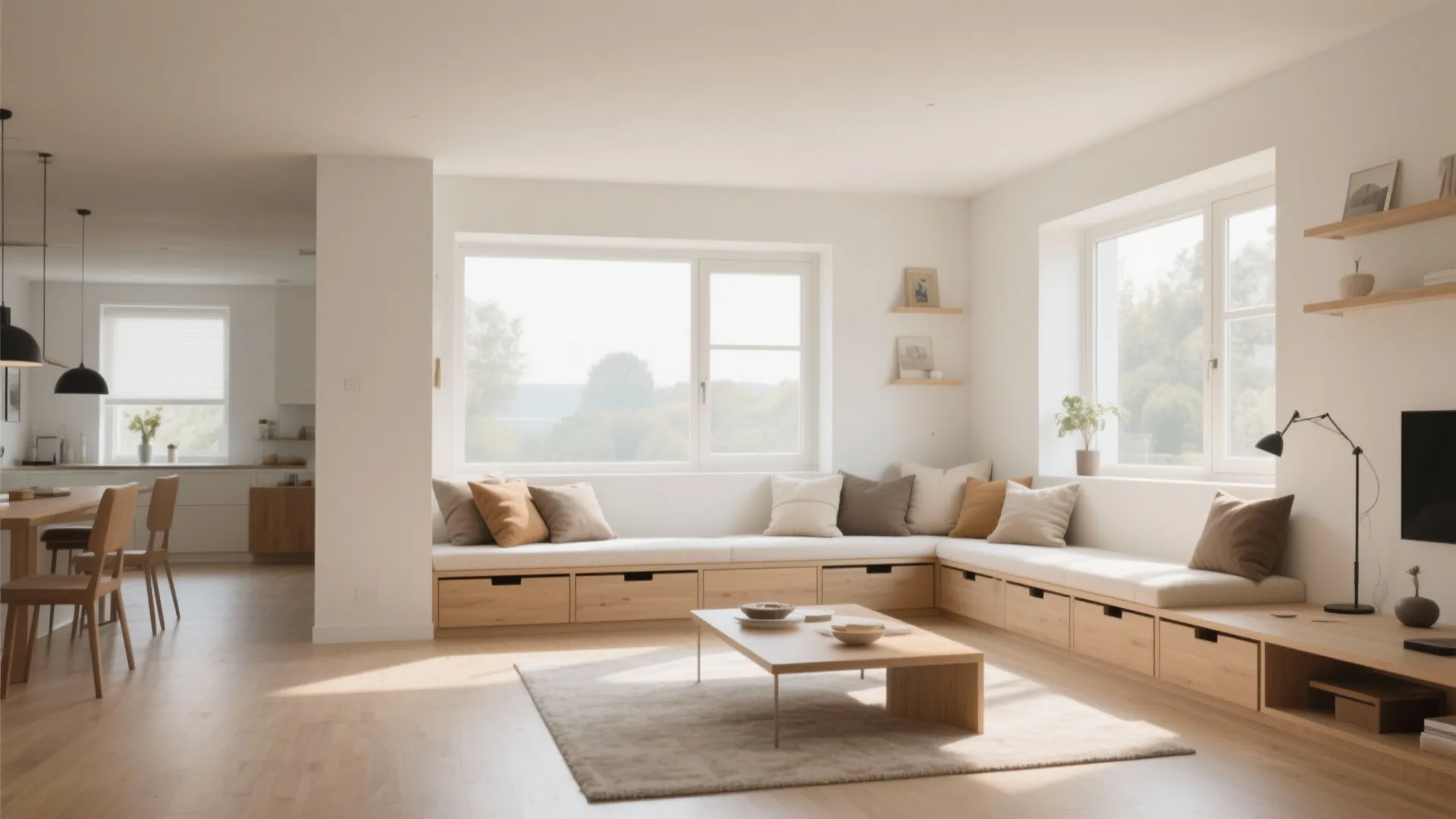 Modern living room featuring a long wooden window seat with built-in storage drawers and pillows
