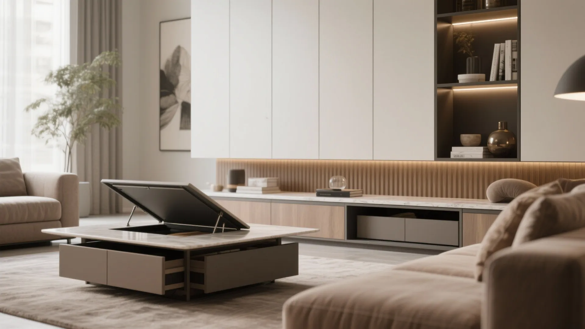 Modern living room featuring coffee table with a lift top for hidden storage and cabinets