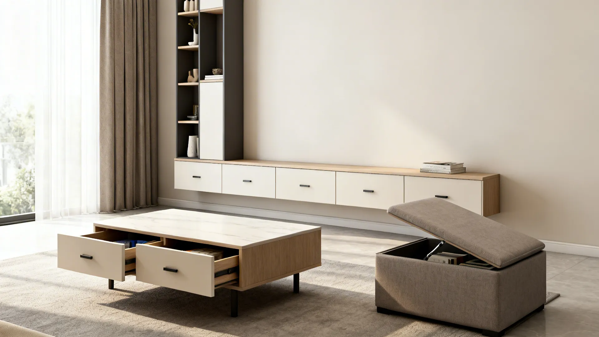 Living room with a storage coffee table, lift-top ottoman, and slim wall system with closed bays.