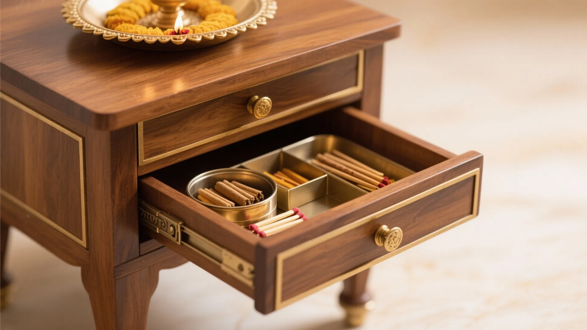 Wooden cabinet with open drawer showing storage for incense sticks and matches on a table