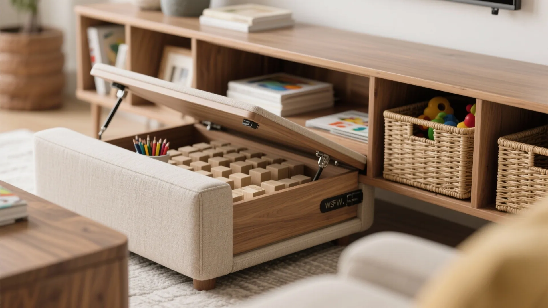 Hidden-in-Plain-Sight Storage: Ottomans, Benches, and a Low Media Console
