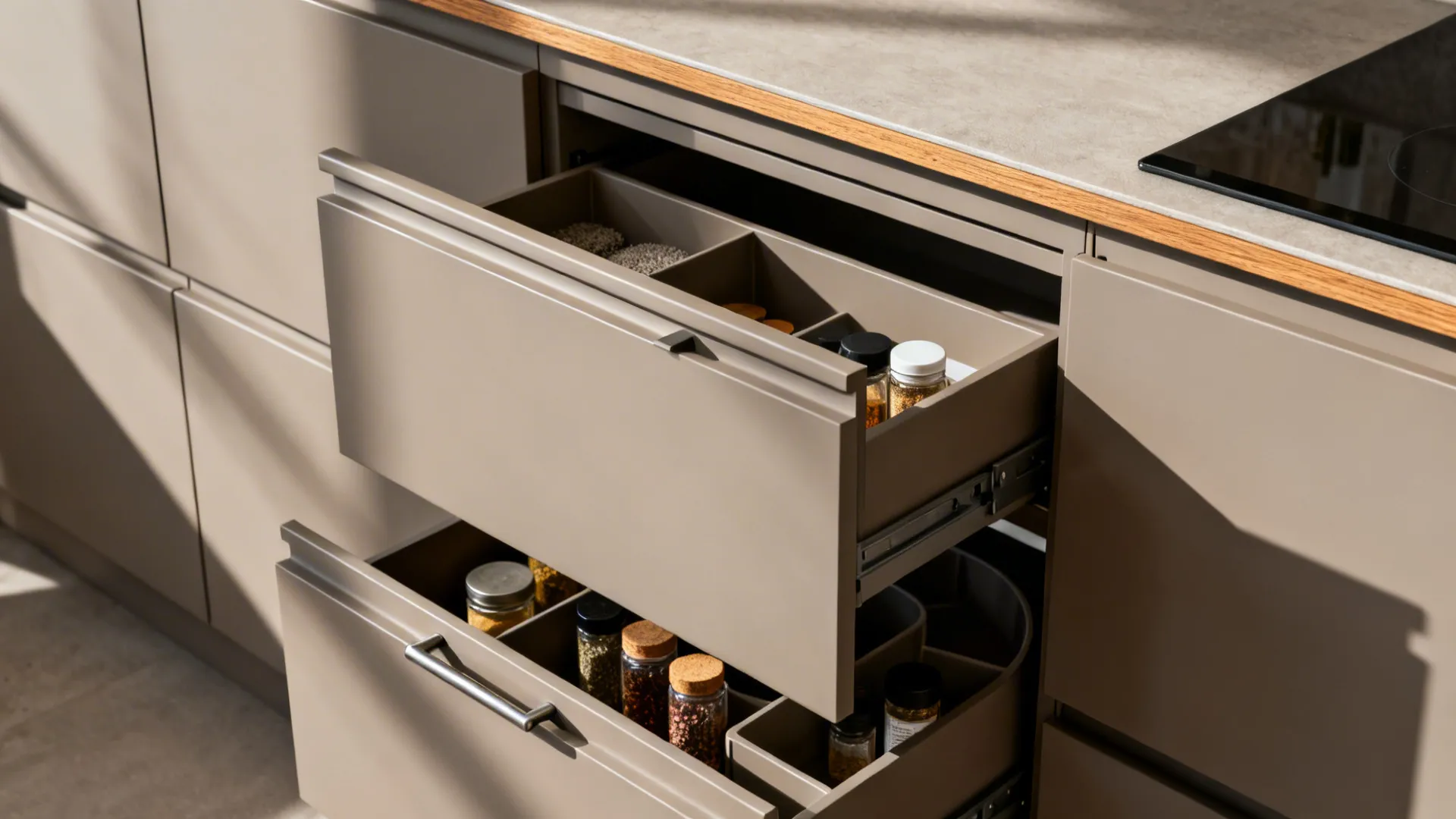 Macro of matte handleless kitchen drawers with integrated rails and organized pull-outs.