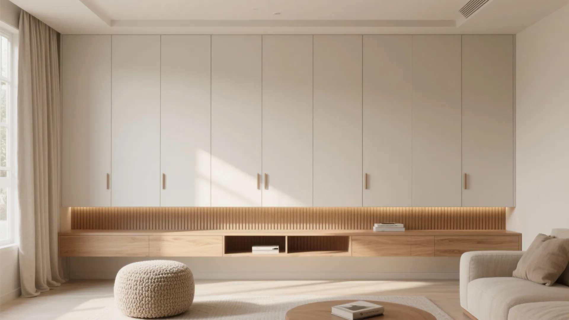 Minimalist living room featuring cream storage wall with wood shelf and soft white fabric footrest