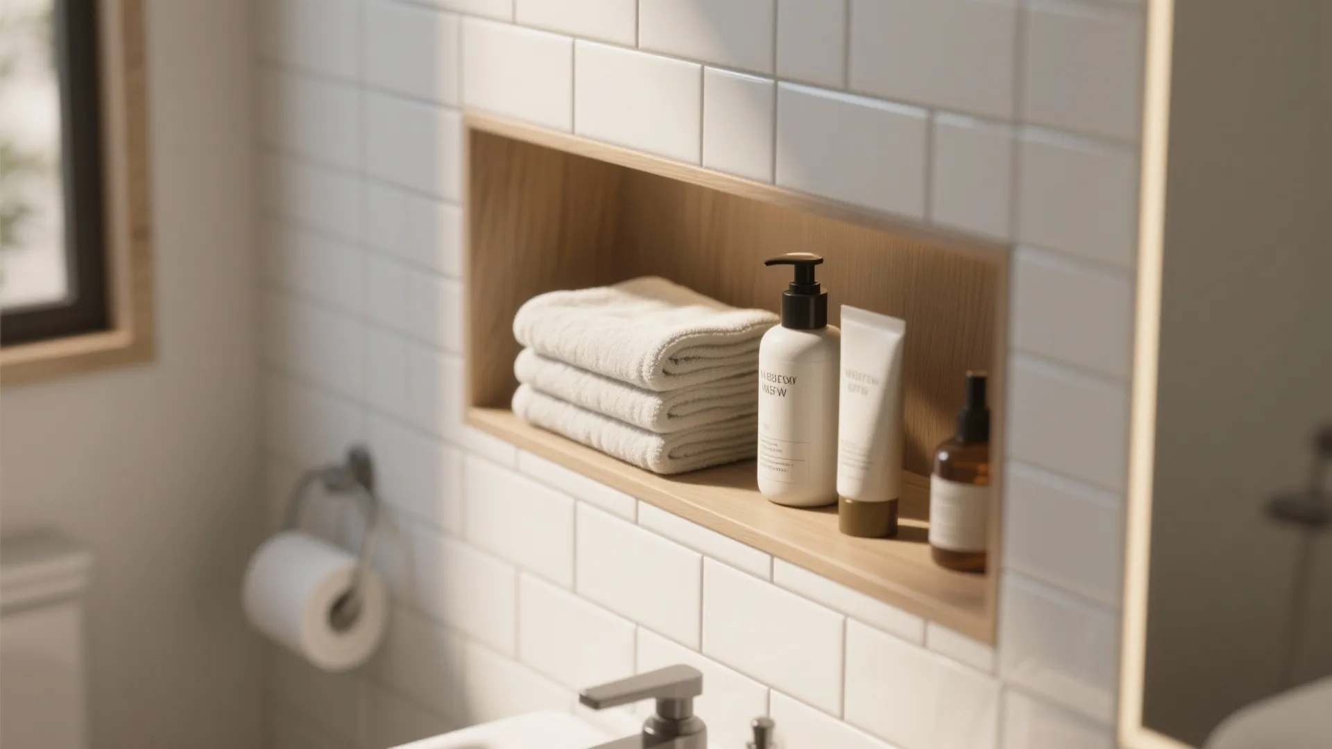 Wooden wall shelf holding folded white towels and soap bottles on a white tiled wall