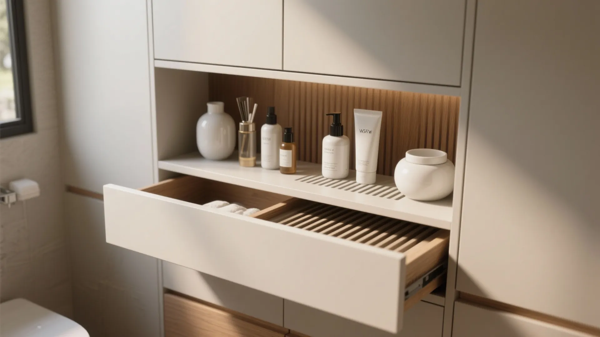 Modern cream bathroom cabinet with open drawer and wood wall panel shelf displaying skincare products