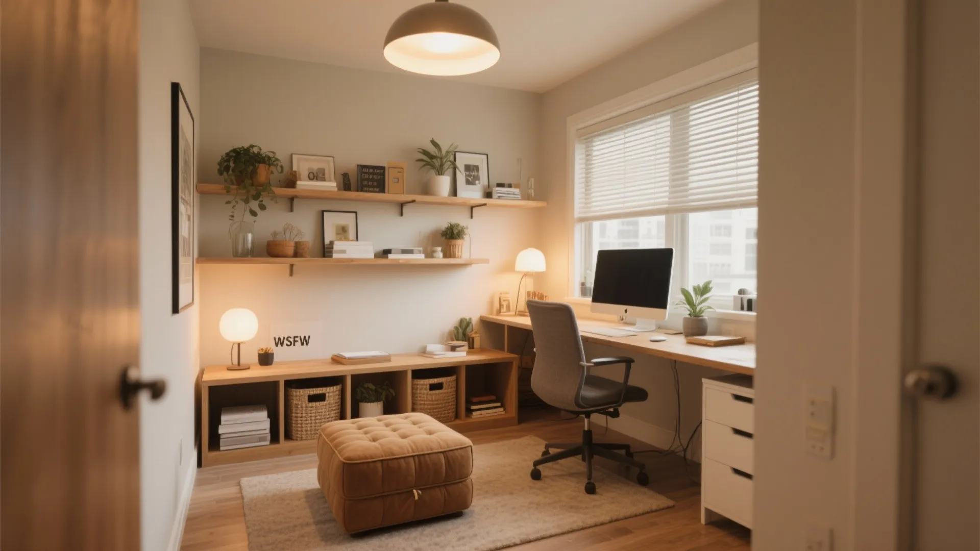 Home office with computer desk shelves plants footrest grey chair rug and large white light