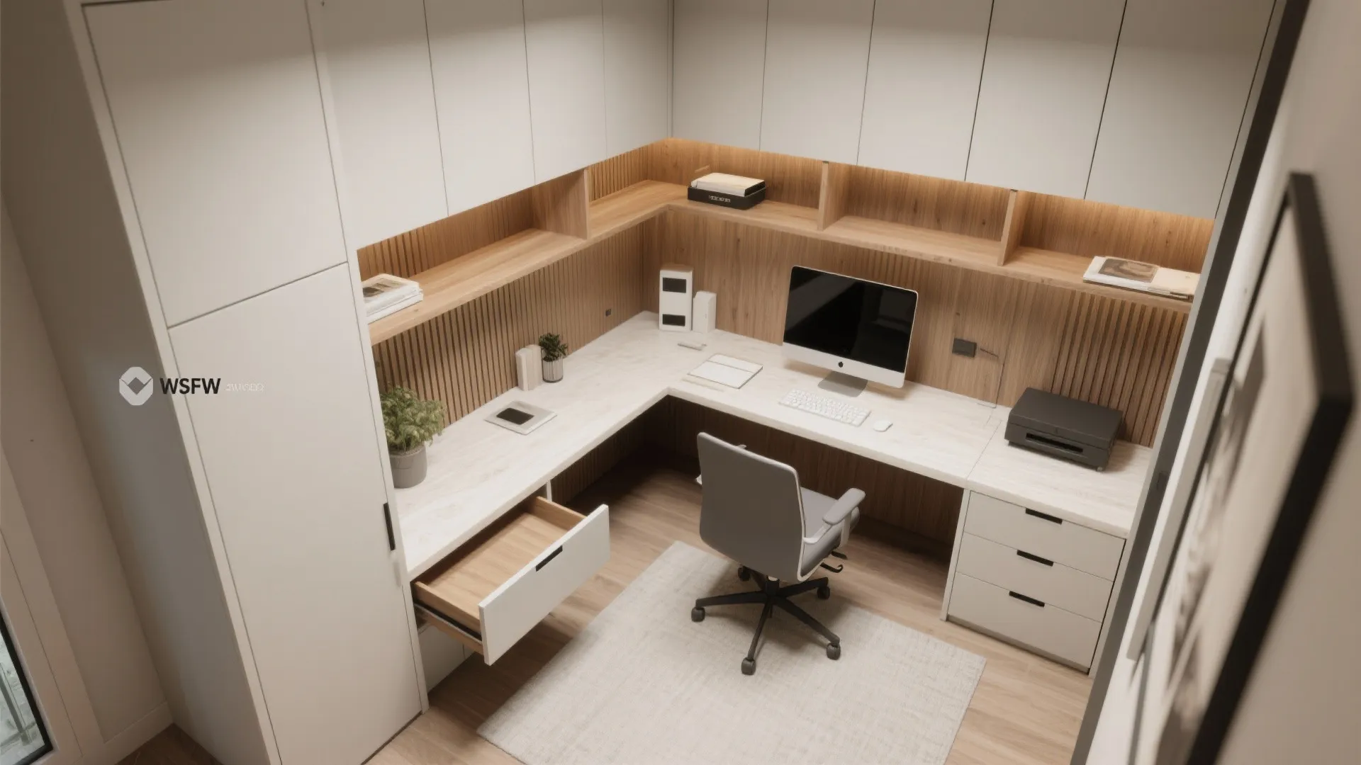 Modern home office with white L shaped desk grey chair wood wall panels and storage