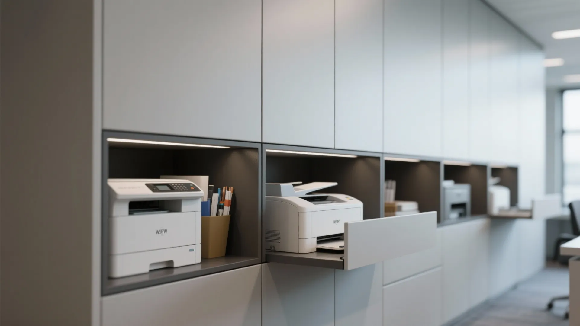 Close-up view of hidden storage compartments in office cabinetry