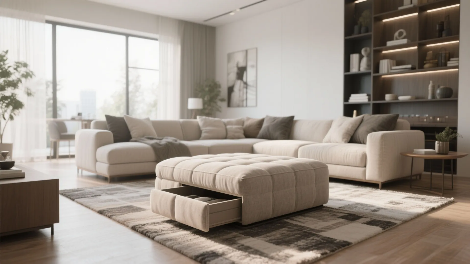 Modern living room featuring a beige footrest with an open drawer for smart hidden storage