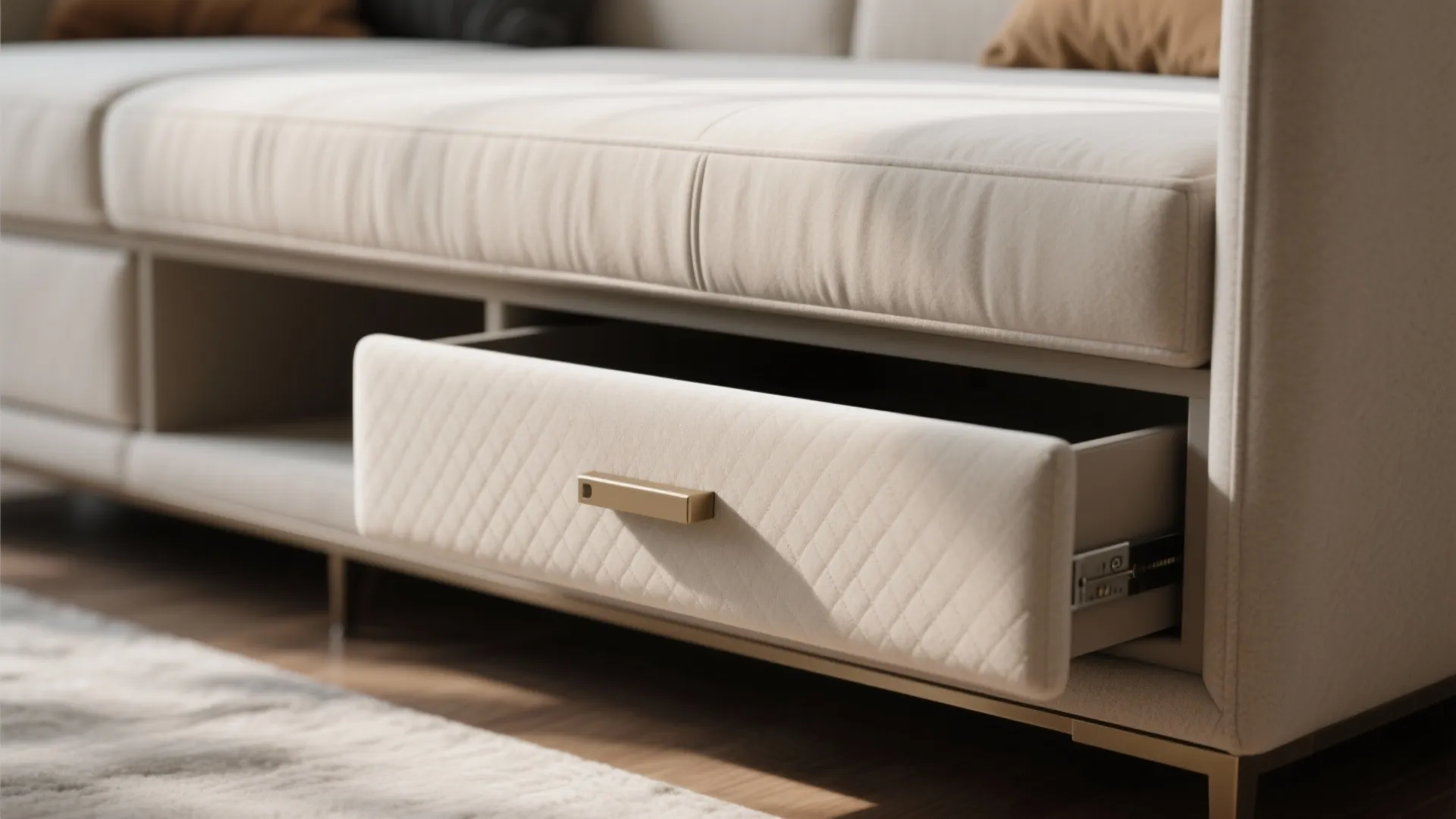 Cream colored fabric sofa with an open storage drawer at the bottom for hidden organization