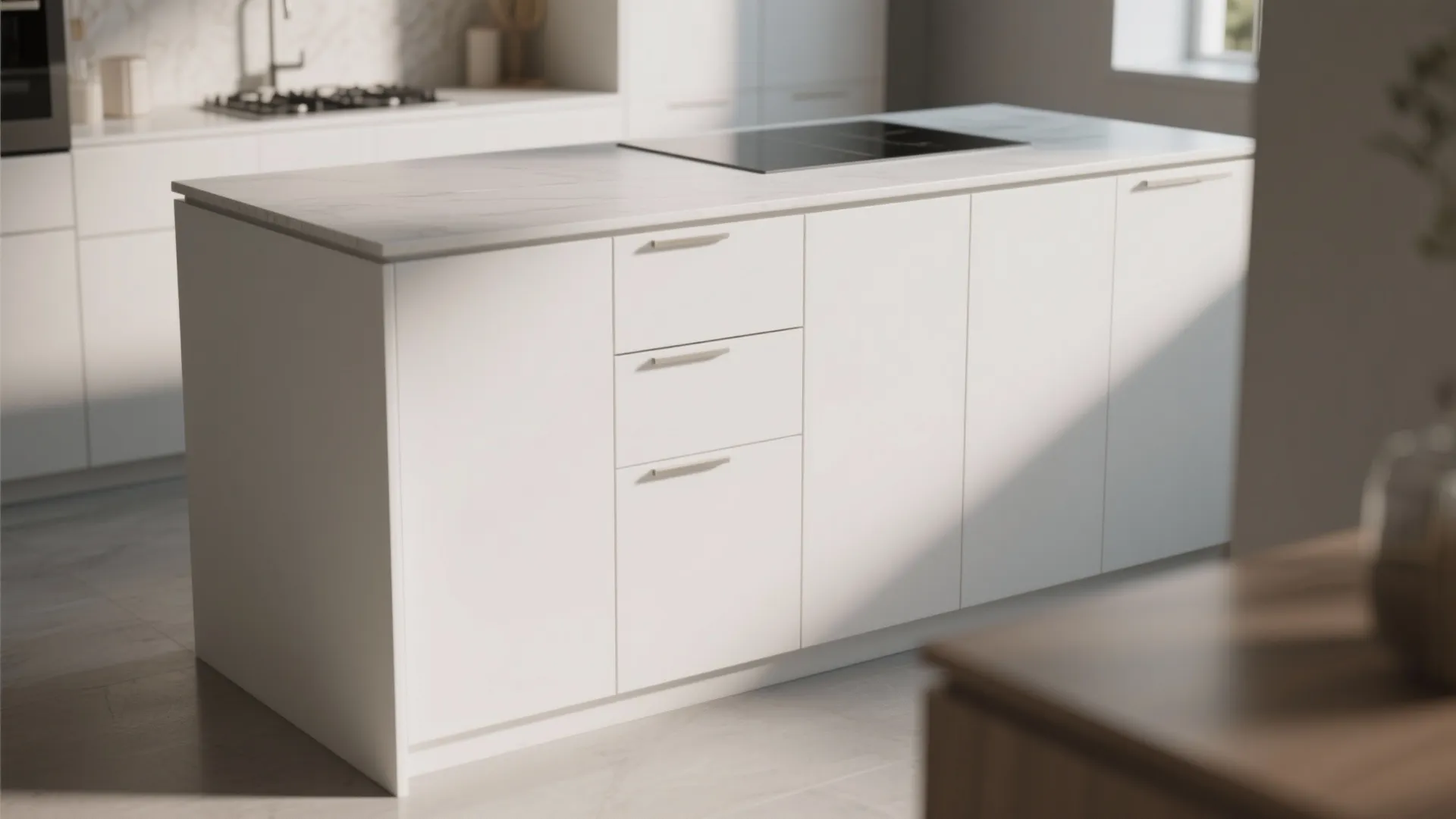 Minimalist white kitchen island featuring clean cabinet doors storage drawers and a black cooktop surface