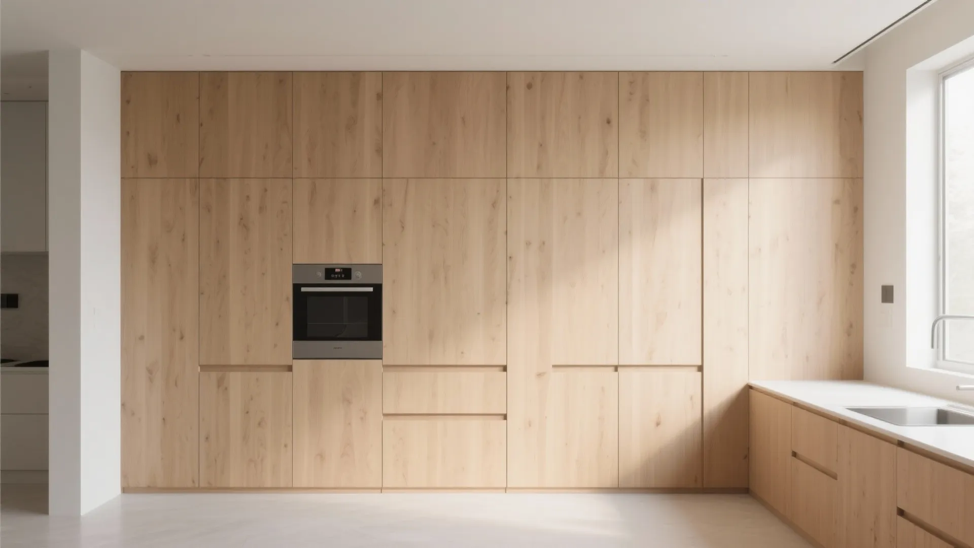 Minimalist kitchen featuring light wood cabinet doors with a built-in oven and white stone countertop