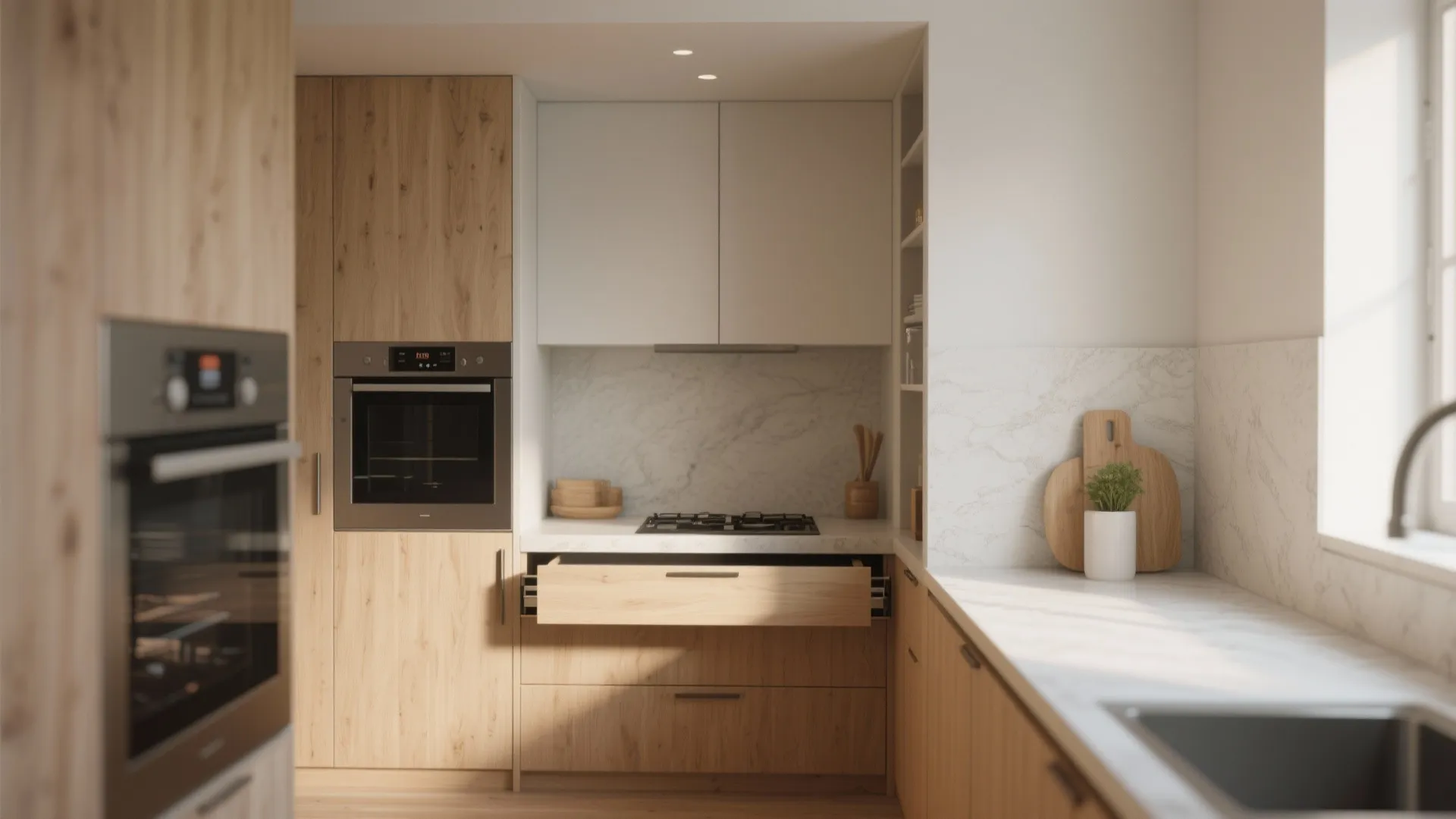 Kitchen interior design drawing showing wood cabinets white counter marble wall and open storage drawer
