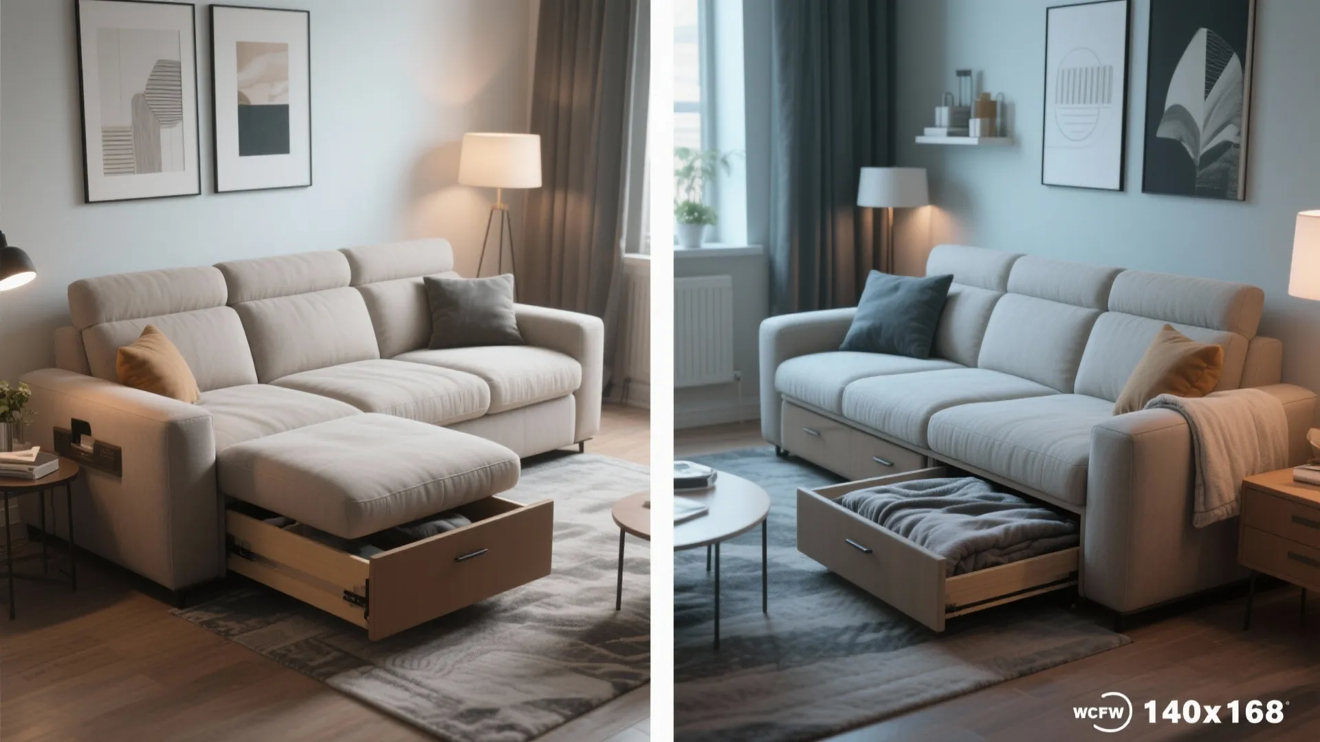 Two images showing a beige sofa with a pull out storage drawer for extra blankets