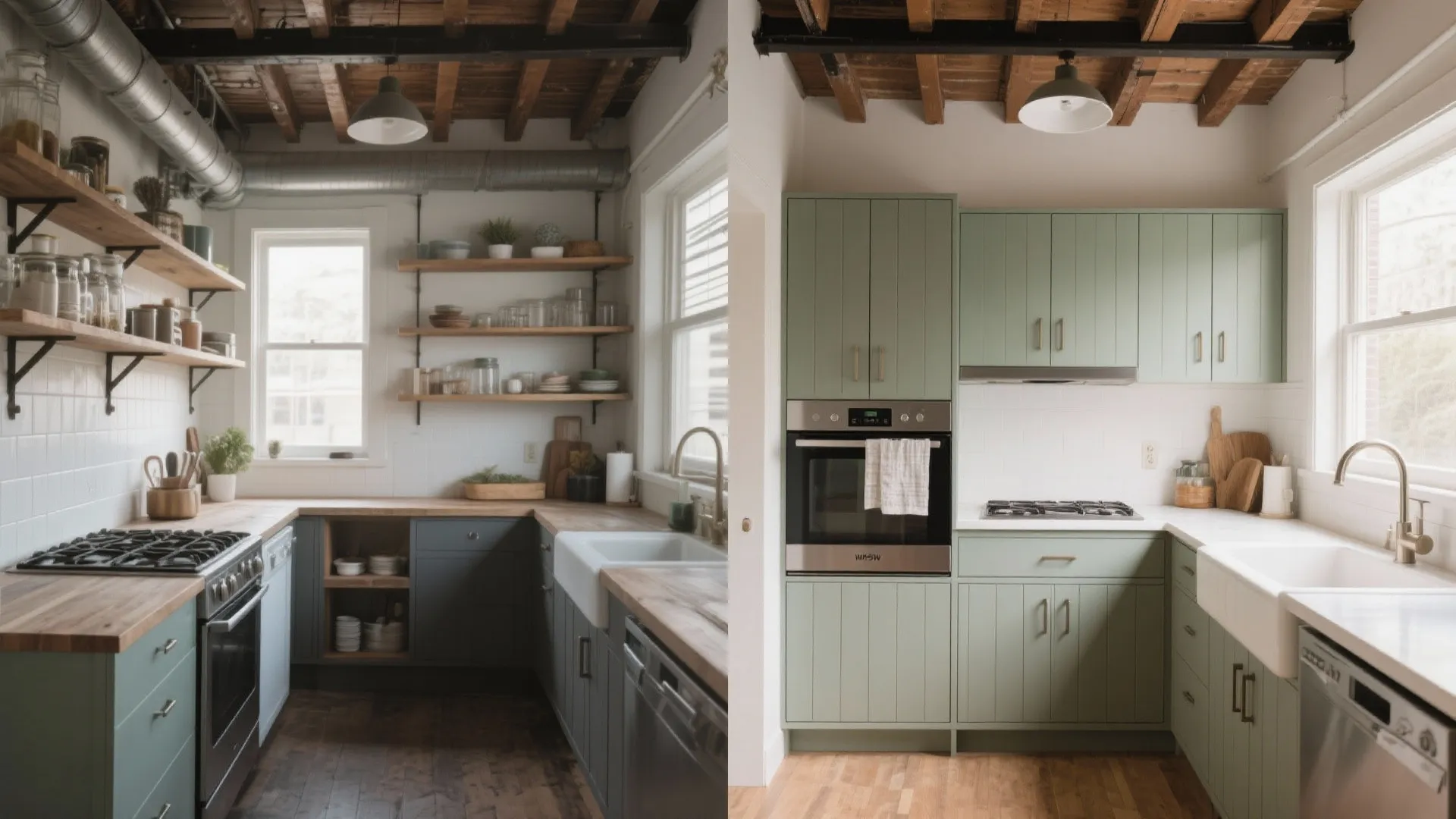 Kitchen before and after with hidden shiplap storage