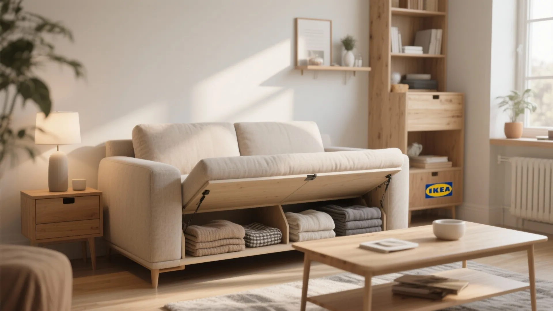 Minimalist IKEA sofa with hidden storage compartment open
