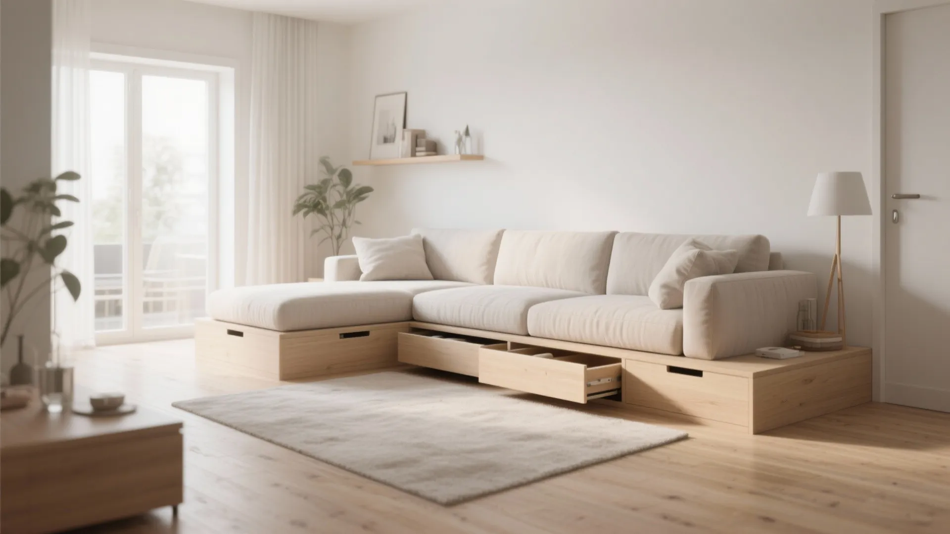 Modern cream sofa with built-in wooden storage drawers underneath sitting on a light wood floor