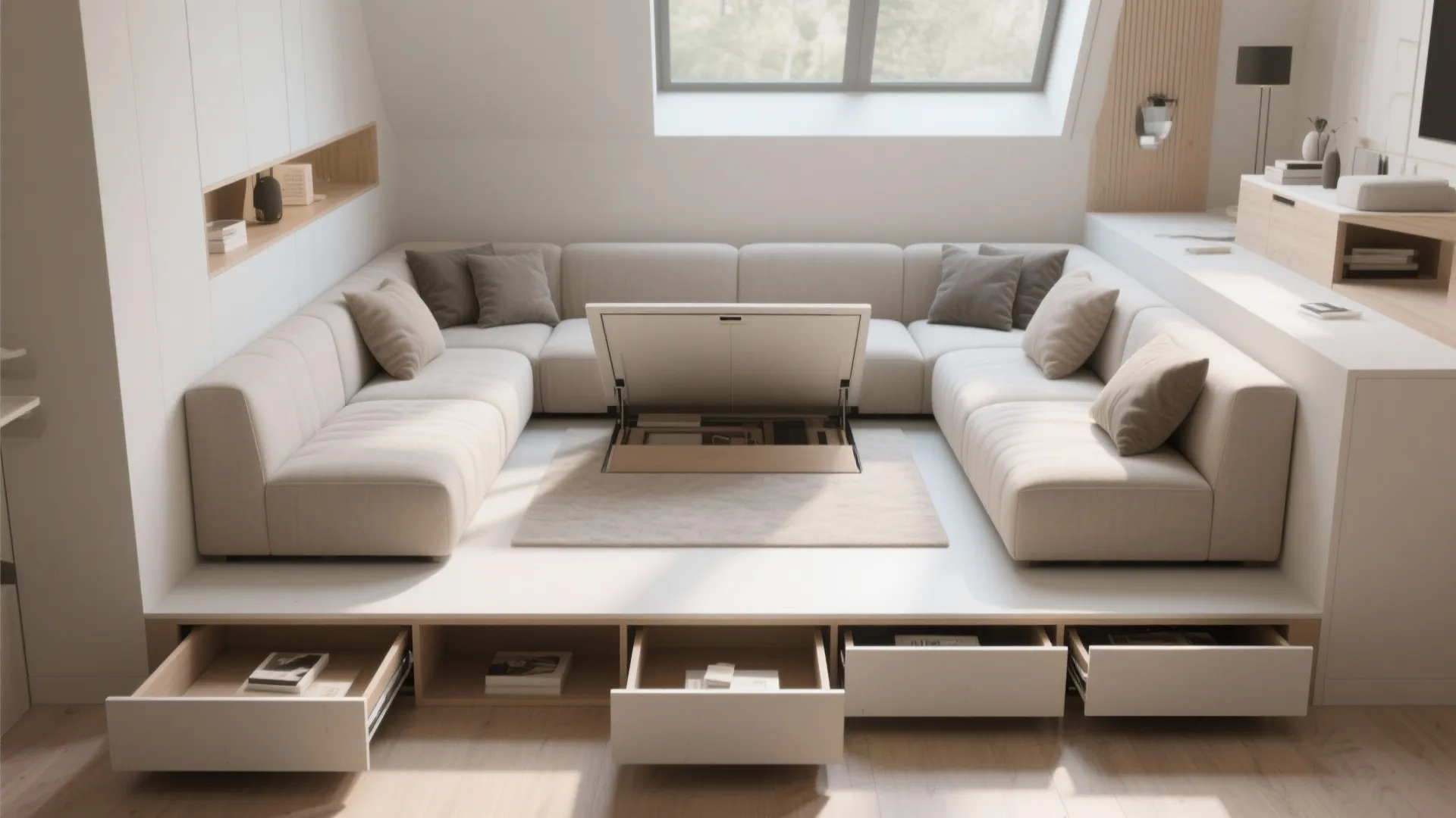 Modern living area with a large beige sofa featuring hidden floor storage and pull-out drawers