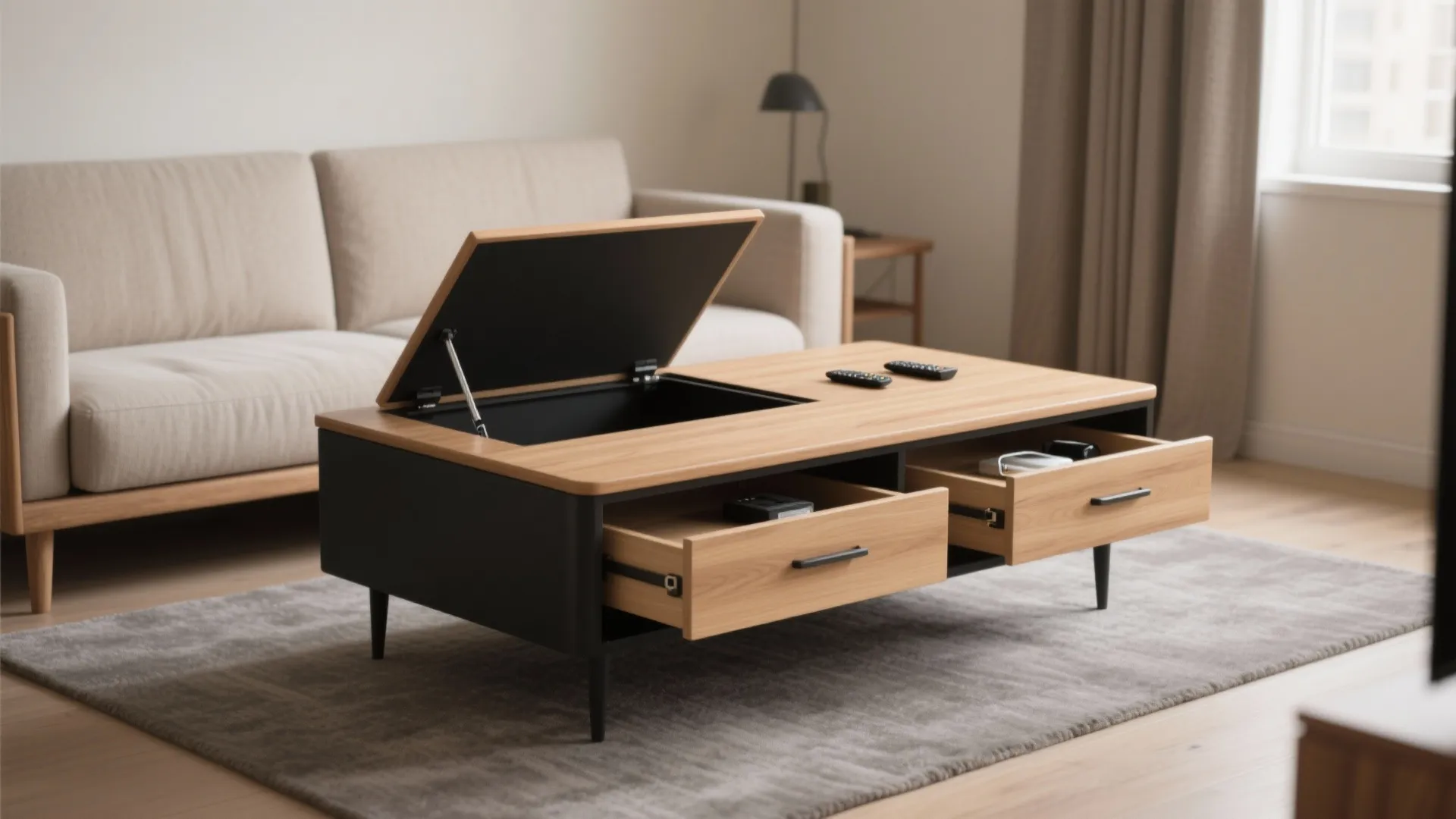 Modern black and wood coffee table featuring open storage drawers and a lift top surface