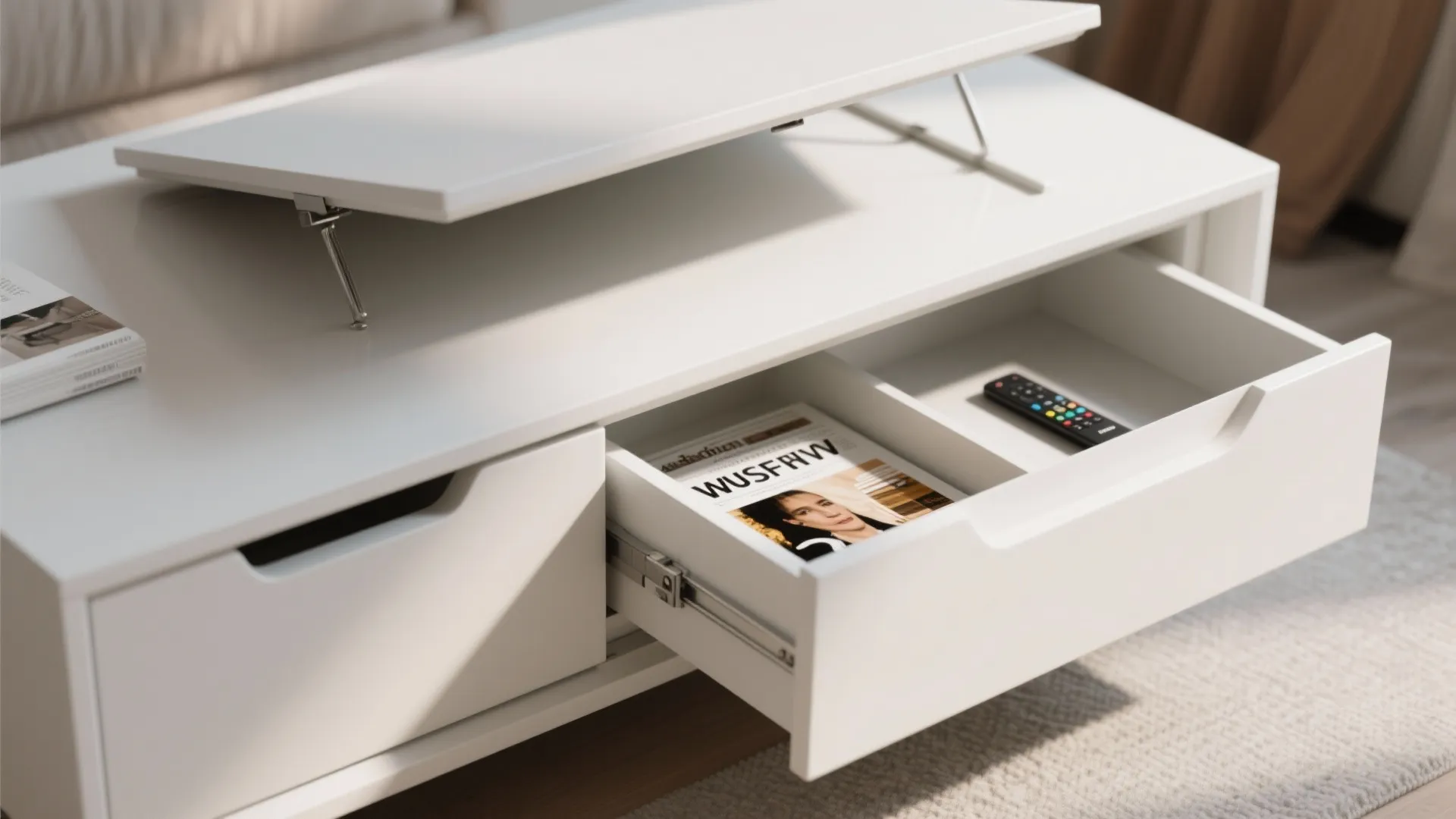 Close-up of a white lift-top coffee table with hidden storage and organized contents