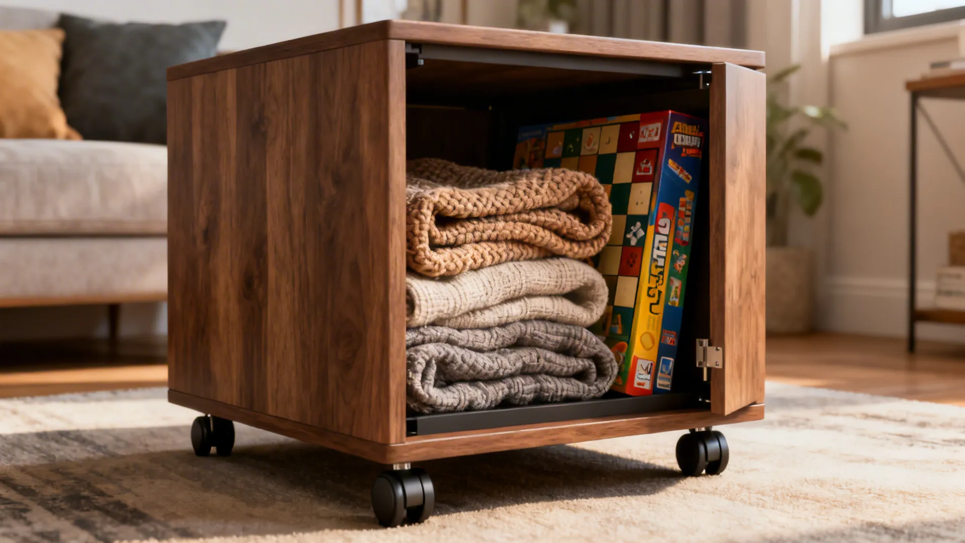 Open square side table showing hidden storage with blankets and board games