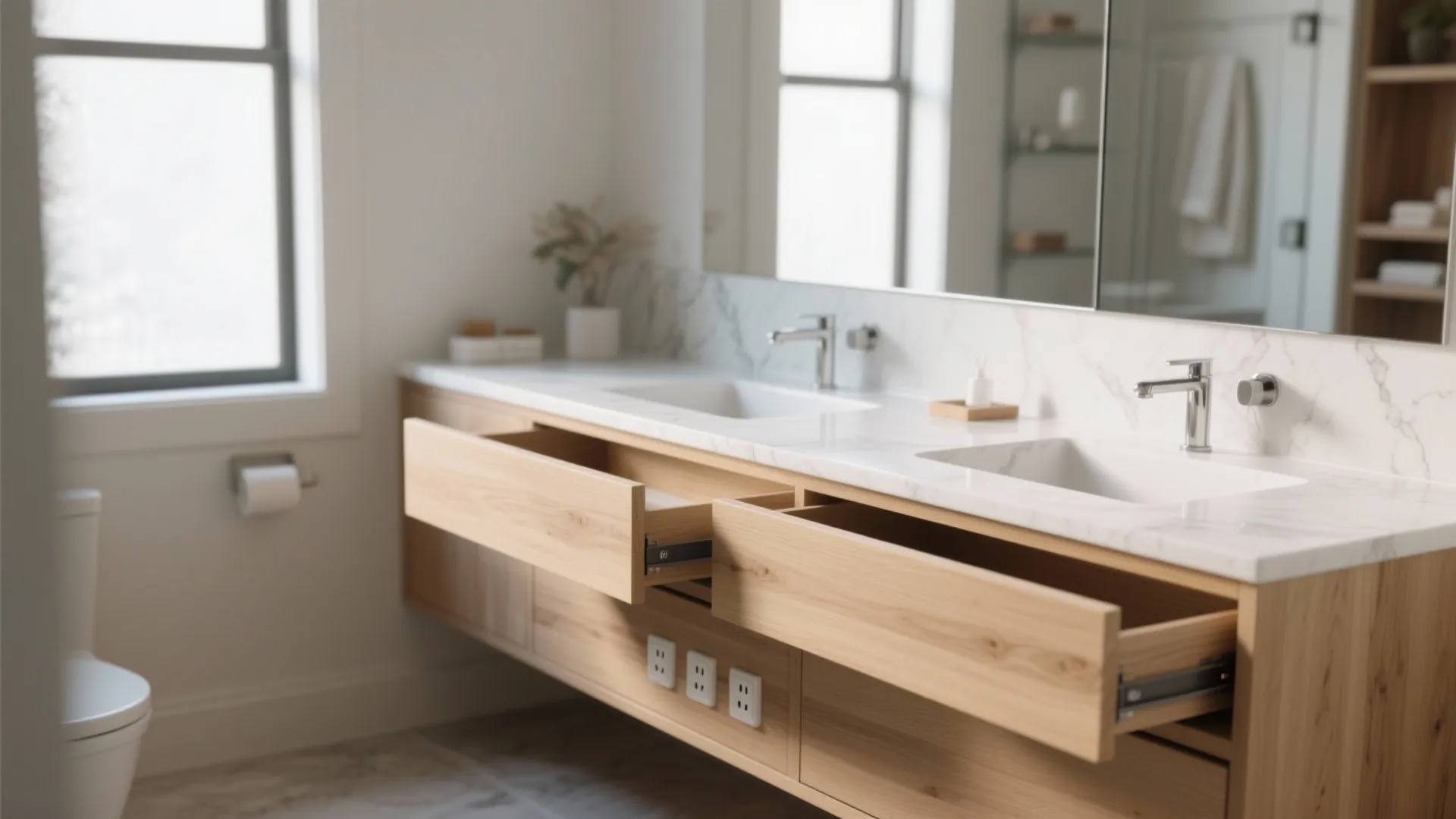 Modern bathroom wooden cabinet with two open drawers showing storage space below marble double sinks