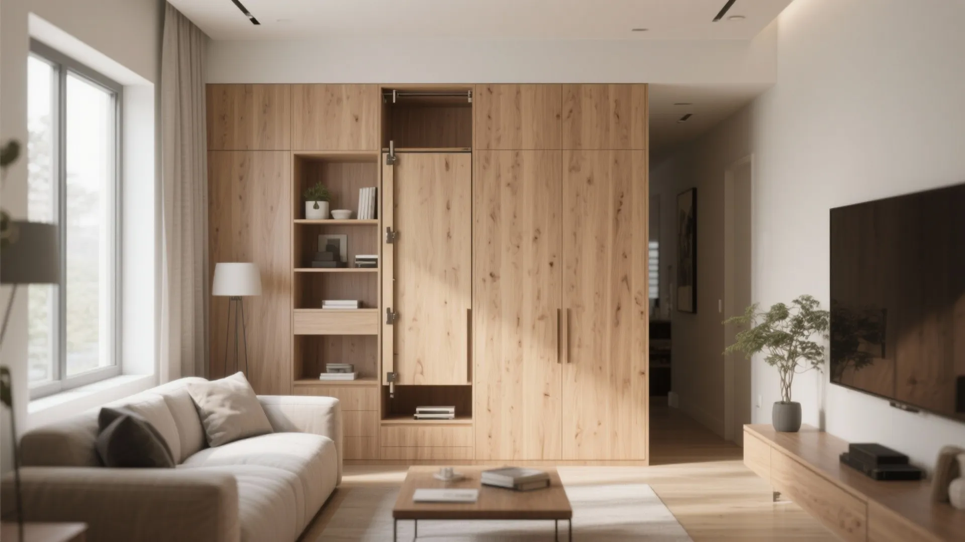 Wooden panel wall with concealed hidden storage compartments