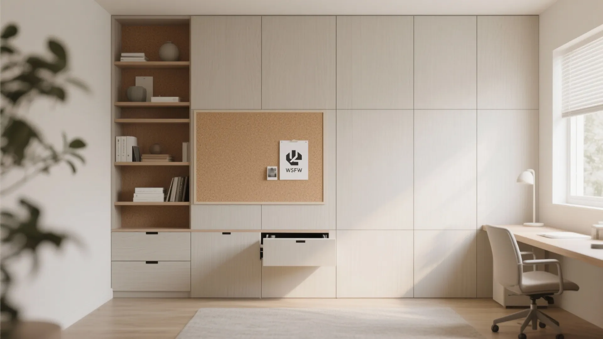 Light wood wall cabinet with open shelves, cork board, desk, white chair, and natural light