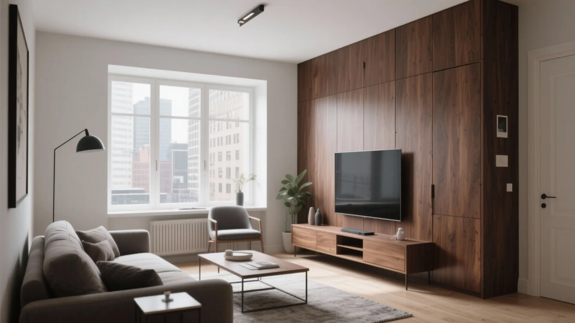 Modern living room with dark wood wall cabinet television grey sofa and a city window