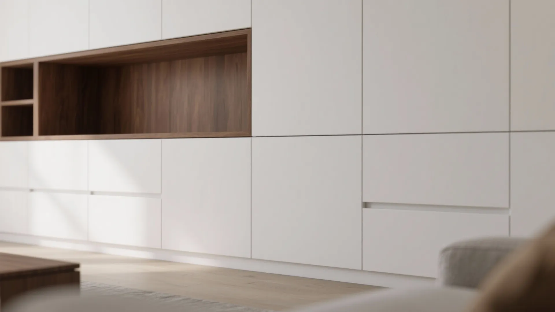 Close up of minimalist white wall cabinet with built in wooden shelves and clean handleless drawers