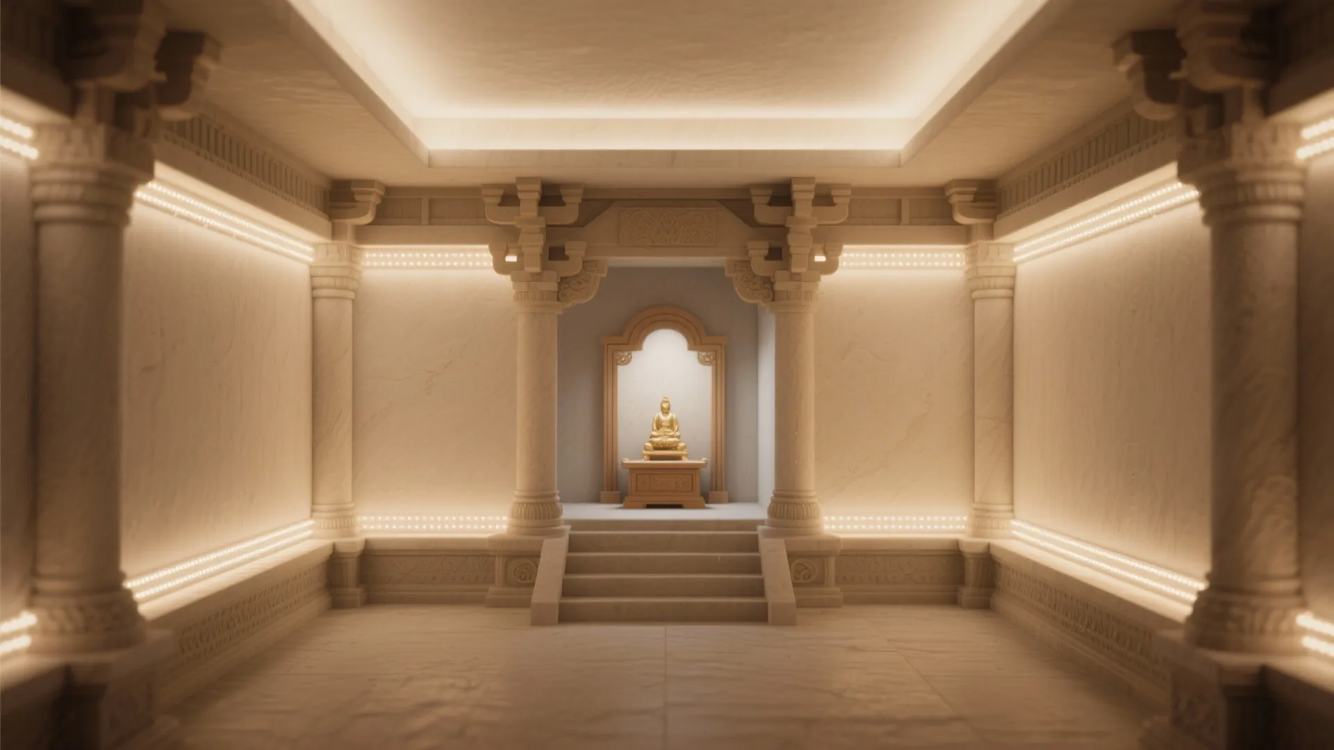 Shrine with hidden LED strips tracing cornices and plinths, creating soft silhouettes in warm 2200–2700K tones.