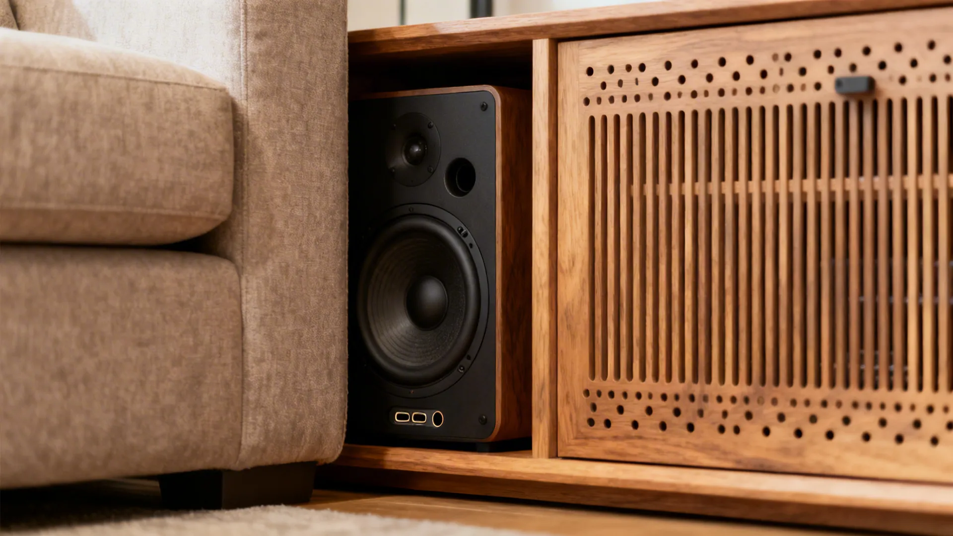 Subwoofer hidden behind furniture and inside a ventilated media console with visible ports.