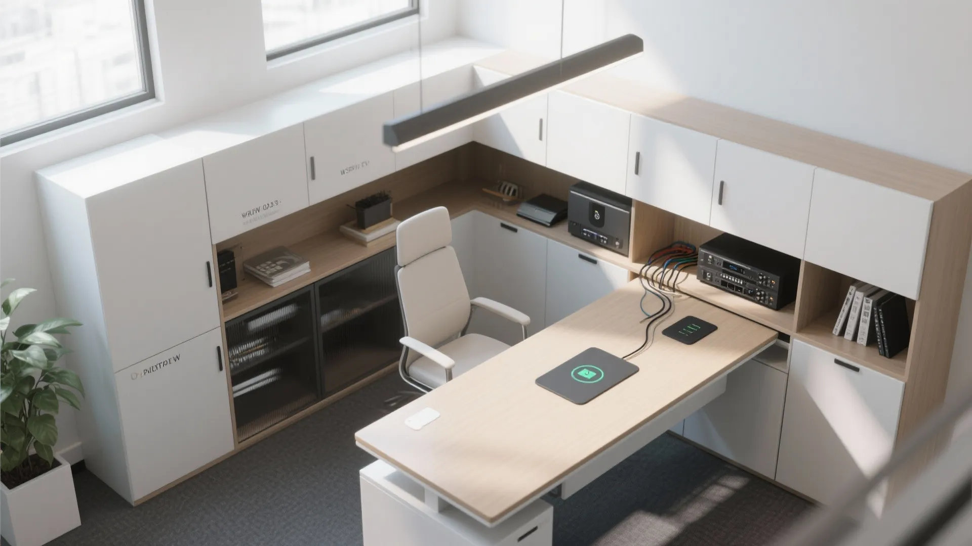 Modern white home office with wooden desk white chair overhead light fixture and storage cabinets
