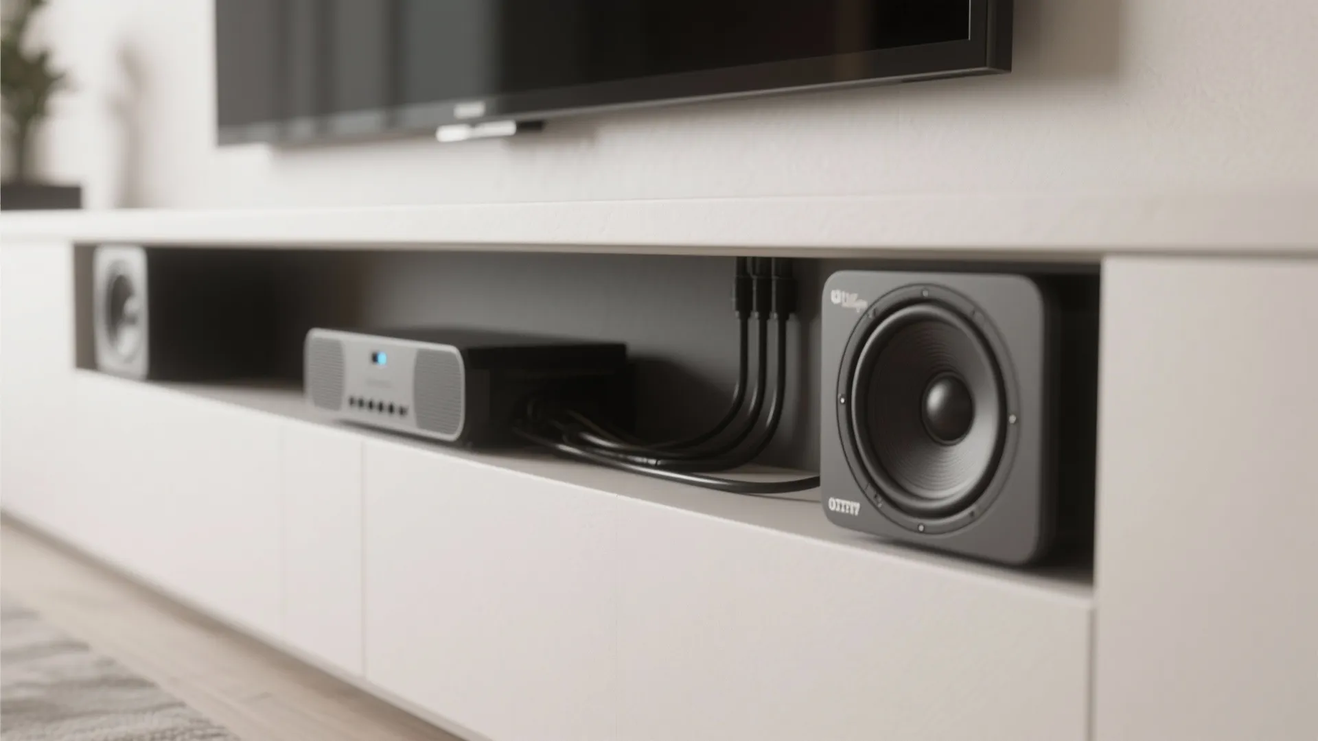 Close up of black speakers and electronic devices neatly stored inside a white modern media cabinet
