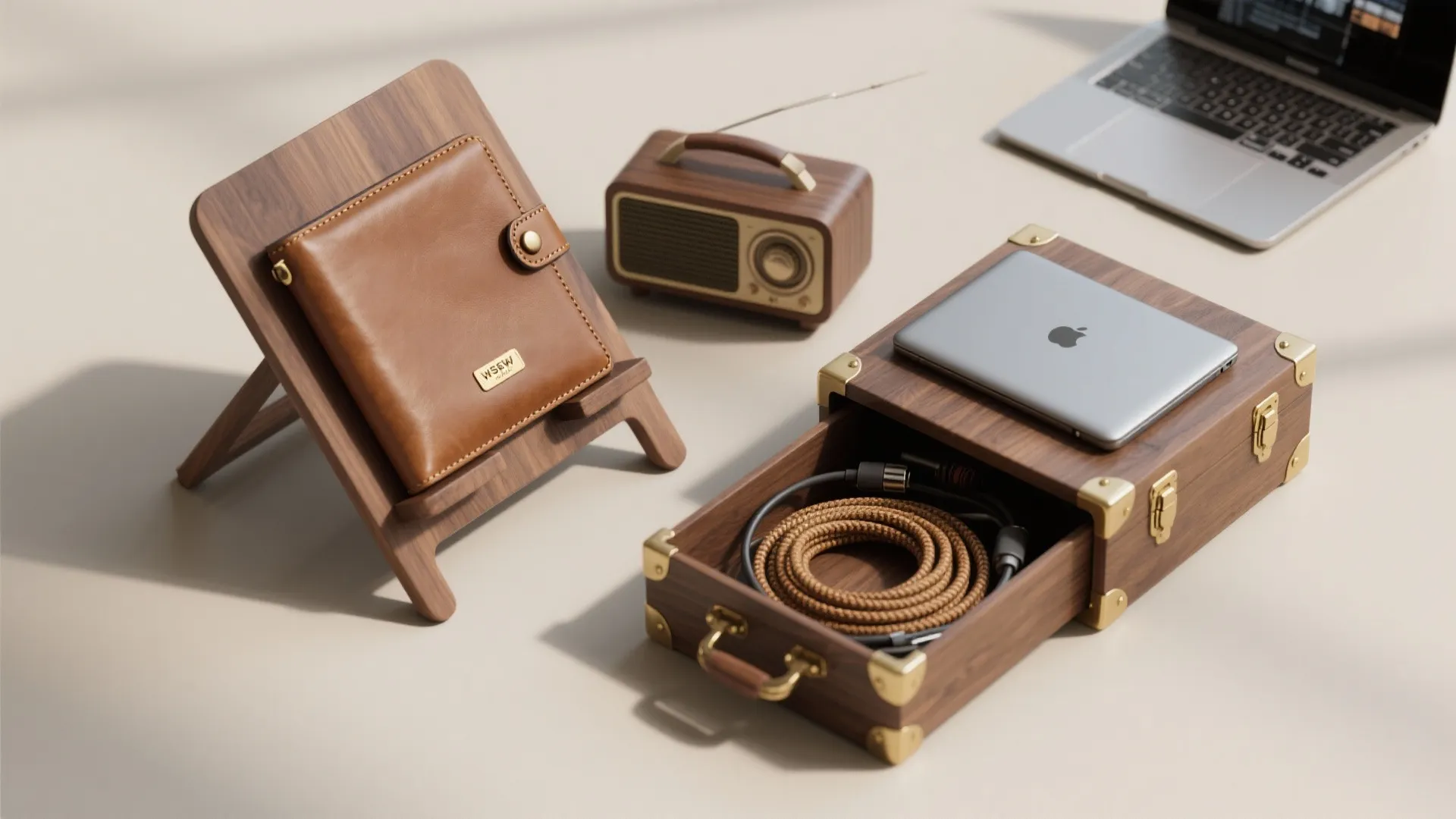 Wooden desk organizer holding a laptop and cables next to a radio and leather wallet