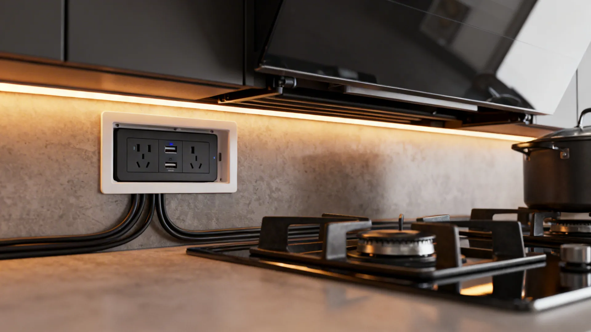 Close-up of hidden smart outlet, retractable hood and app-controlled under-cabinet lighting in a compact kitchen.