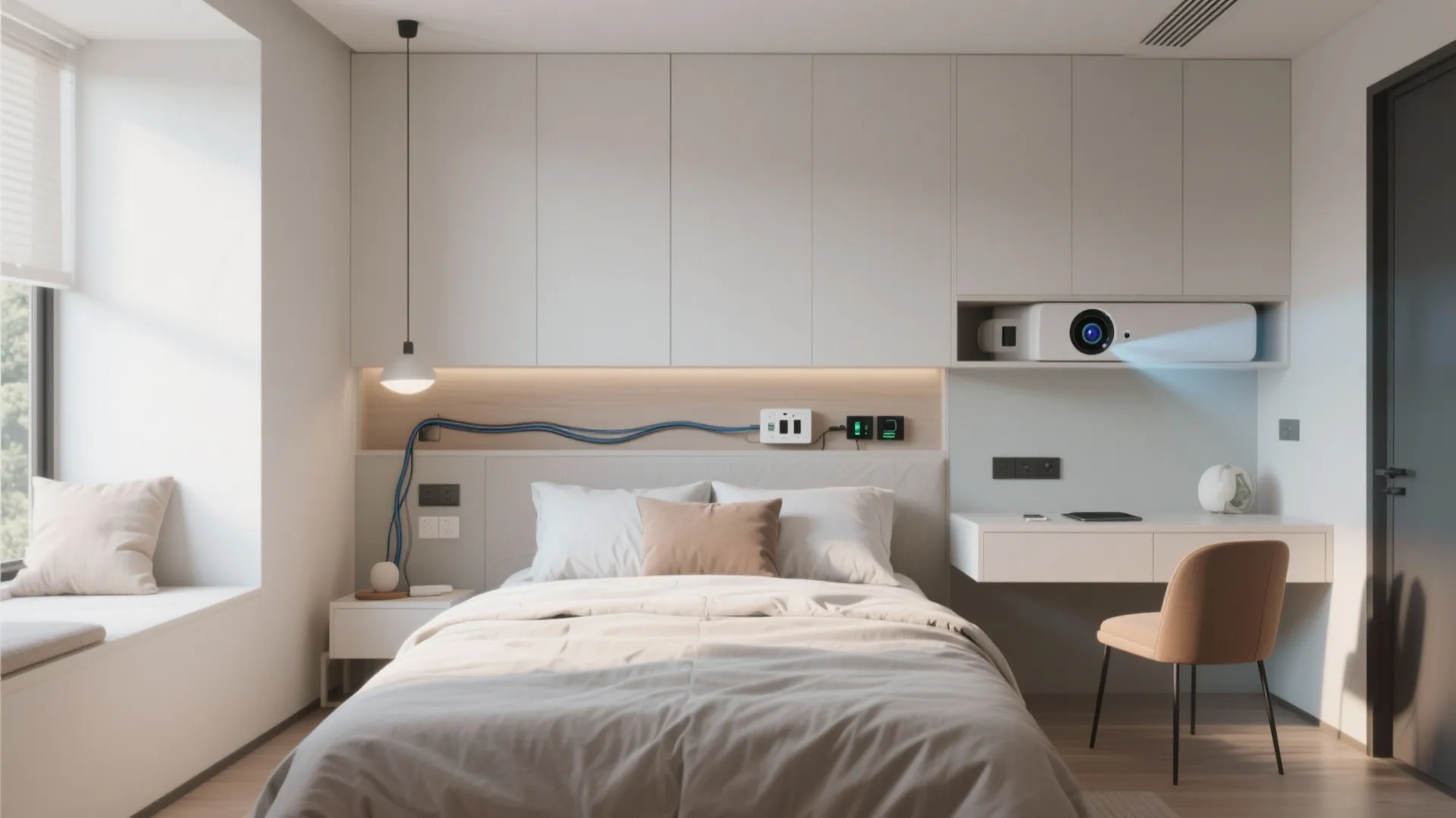 Bright bedroom with built in cabinets featuring a hidden projector and a small white desk area