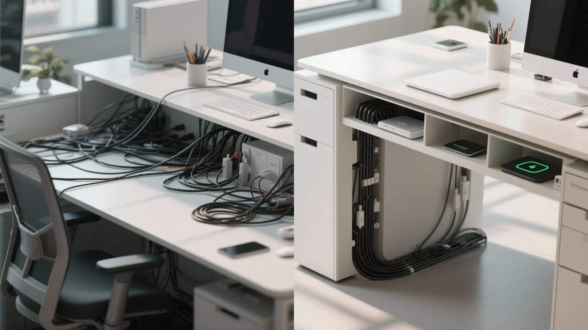 Before and after of office desk showing hidden cable management